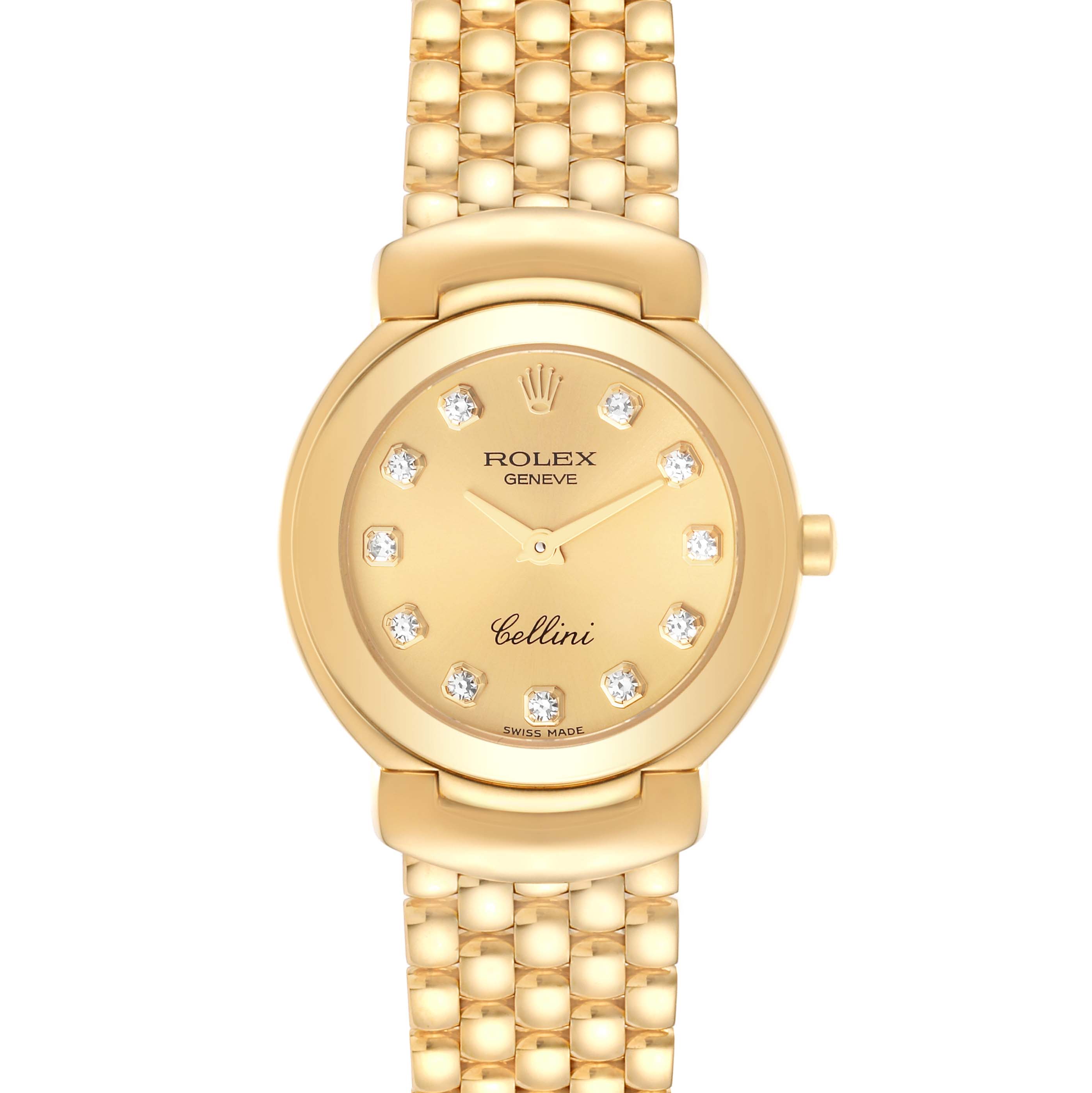 The image shows a front view of a Rolex Cellini 6621 Women's Yellow Gold Champagne Dial 6621 Women's Yellow Gold Champagne Dial watch, displaying its gold dial, diamond hour markers, and gold bracelet.
