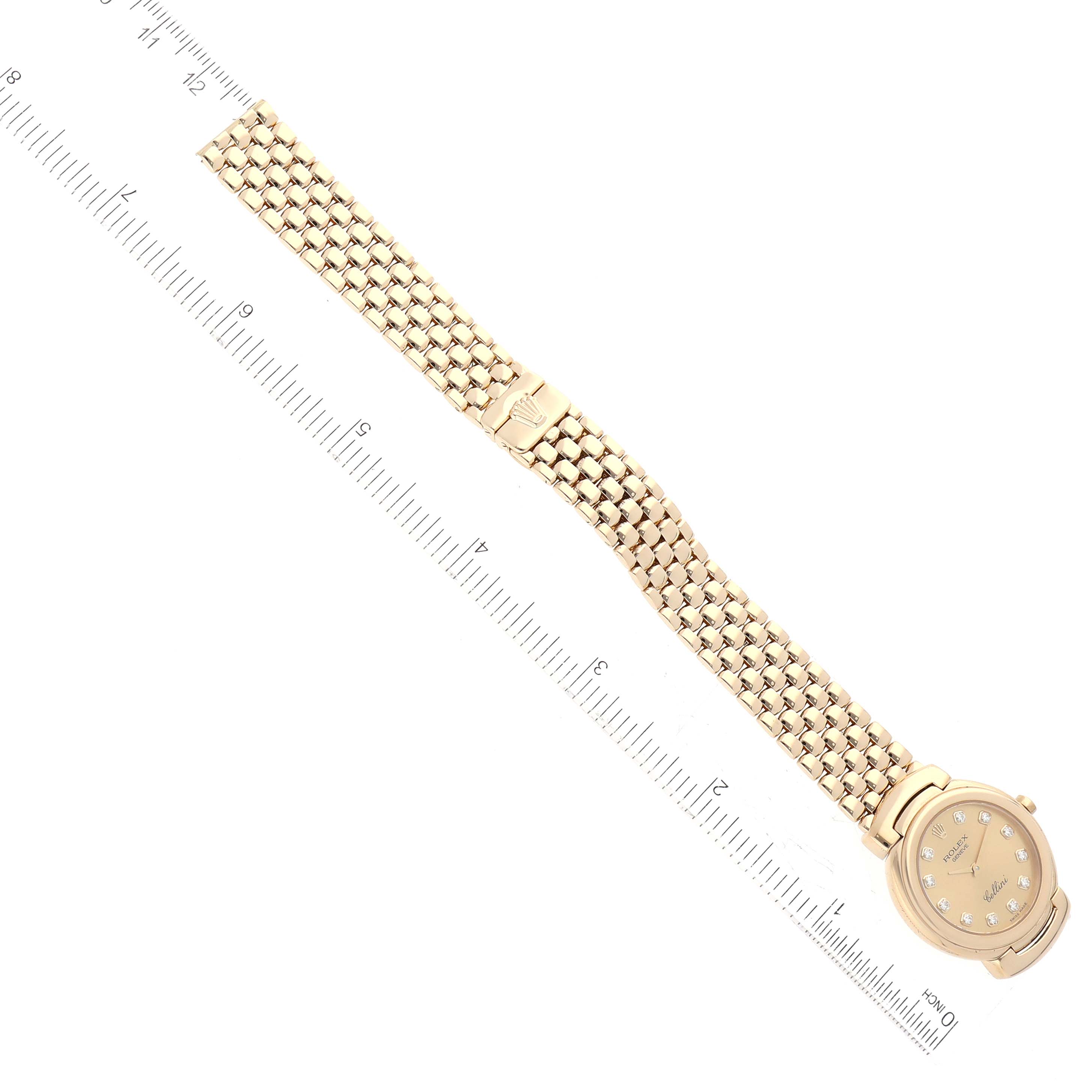 The Rolex Cellini 6621 Women's Yellow Gold Champagne Dial 6621 Women's Yellow Gold Champagne Dial watch is shown from an overhead angle, highlighting its dial, case, and bracelet.