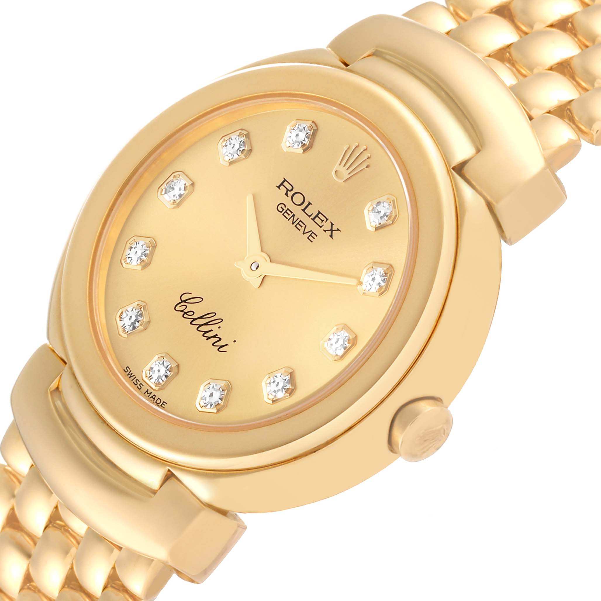 This close-up angle shows the golden dial, bracelet, and part of the crown of the Rolex Cellini 6621 Women's Yellow Gold Champagne Dial 6621 Women's Yellow Gold Champagne Dial watch.