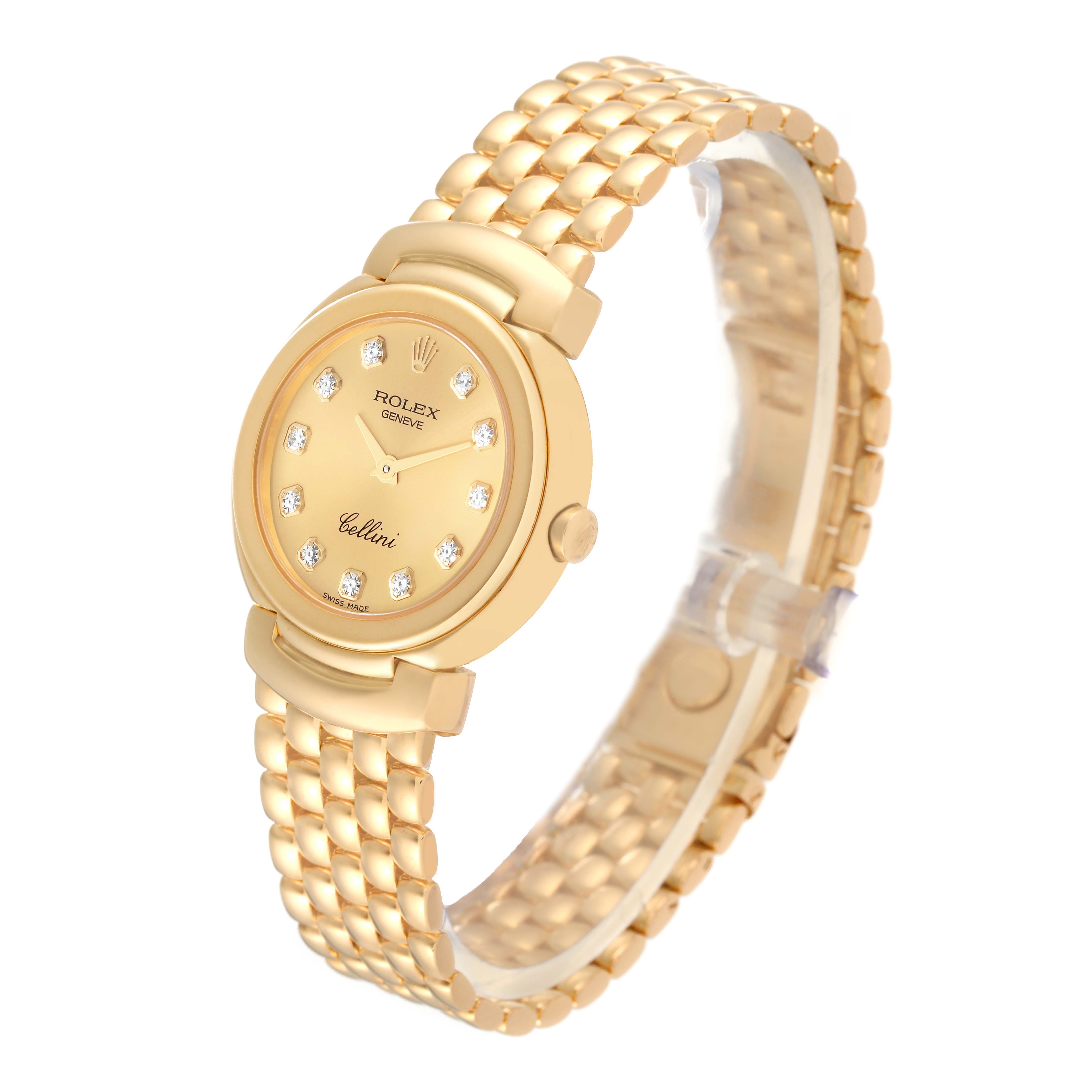 The image shows a gold Rolex Cellini 6621 Women's Yellow Gold Champagne Dial 6621 Women's Yellow Gold Champagne Dial watch positioned at a slight angle, highlighting its face, band, and side crown.