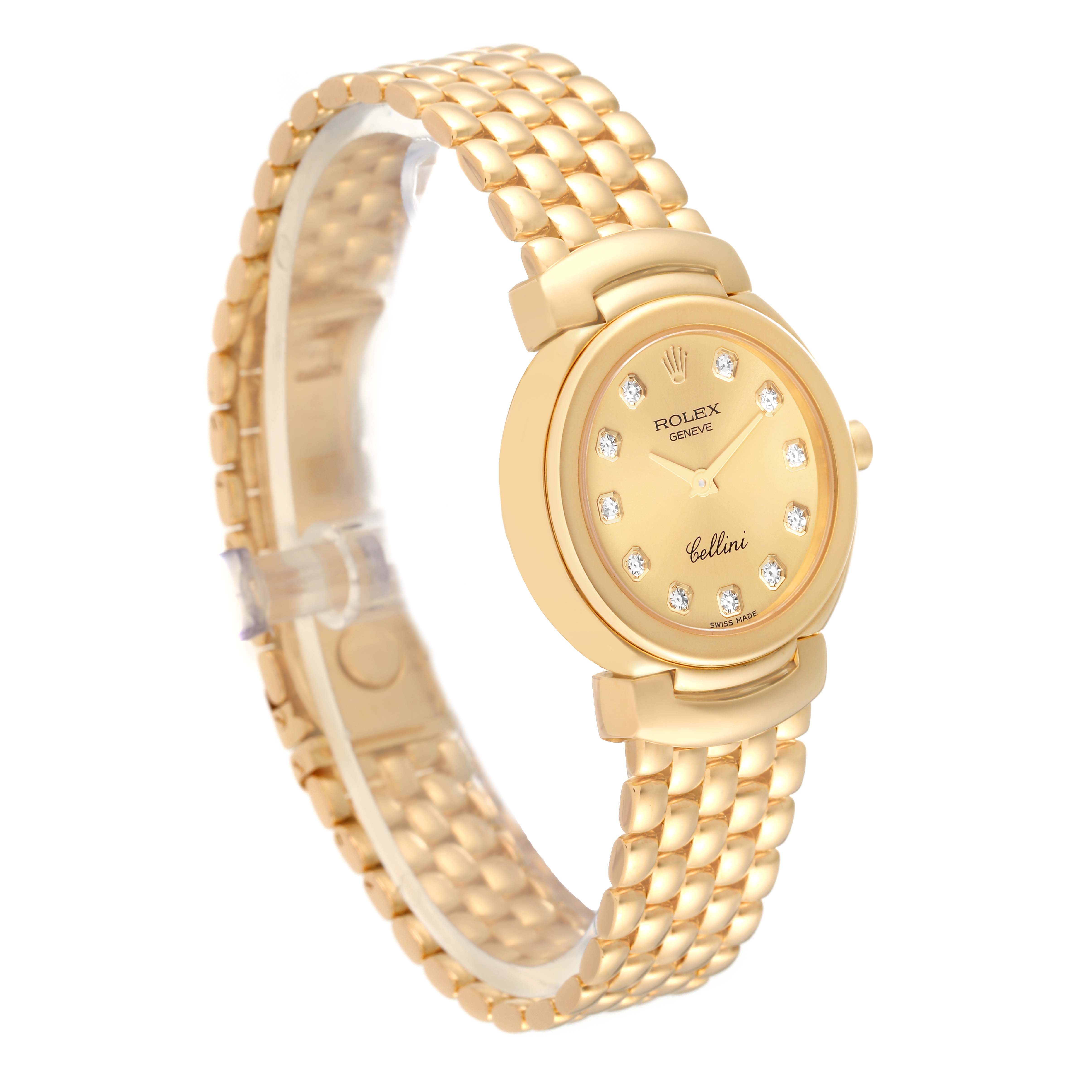 This image shows the Rolex Cellini 6621 Women's Yellow Gold Champagne Dial 6621 Women's Yellow Gold Champagne Dial watch at a slight angle, highlighting its gold case, dial, and bracelet.