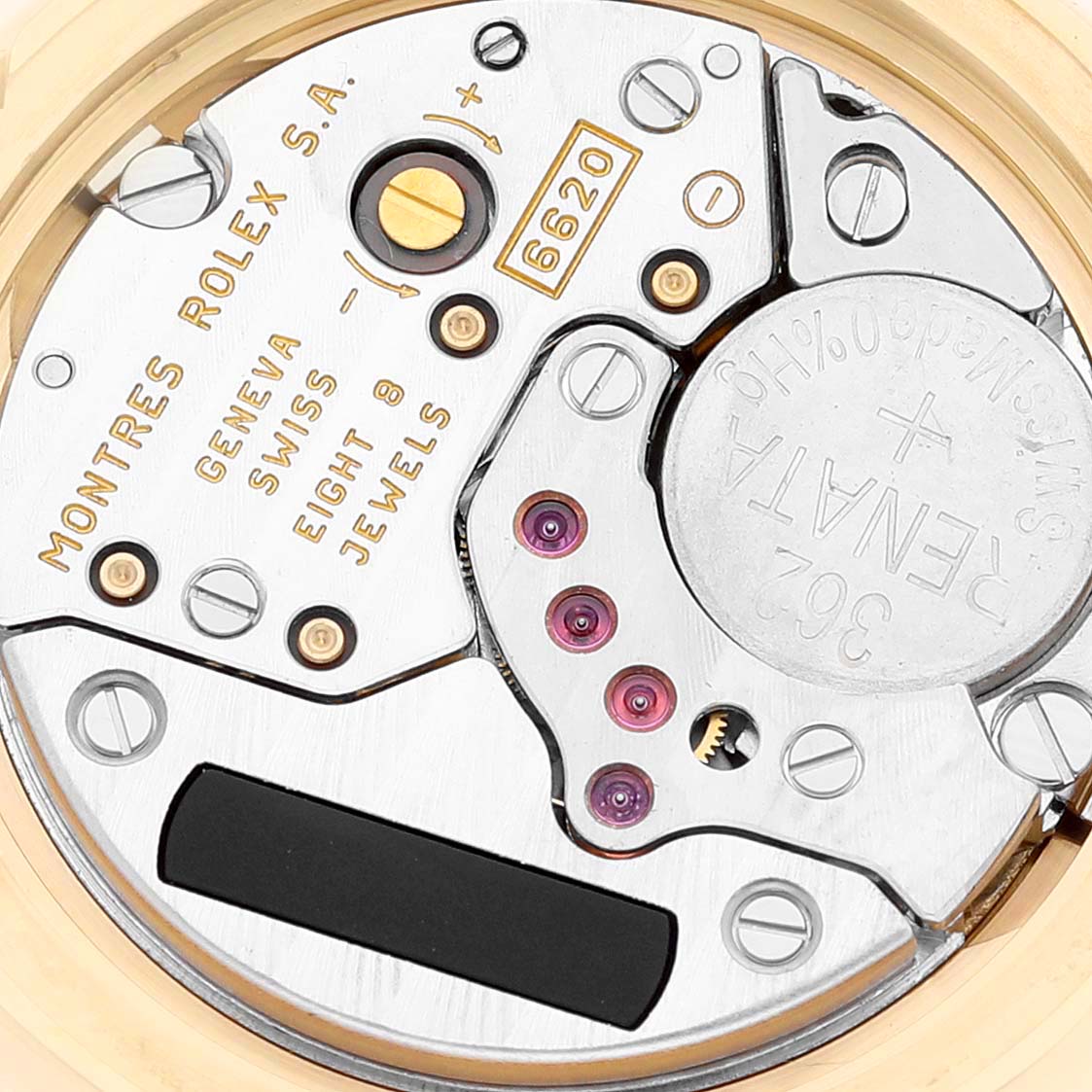 The image shows the internal movement mechanism of a Rolex Cellini 6621 Women's Yellow Gold Champagne Dial 6621 Women's Yellow Gold Champagne Dial watch from a close-up, top-down angle.