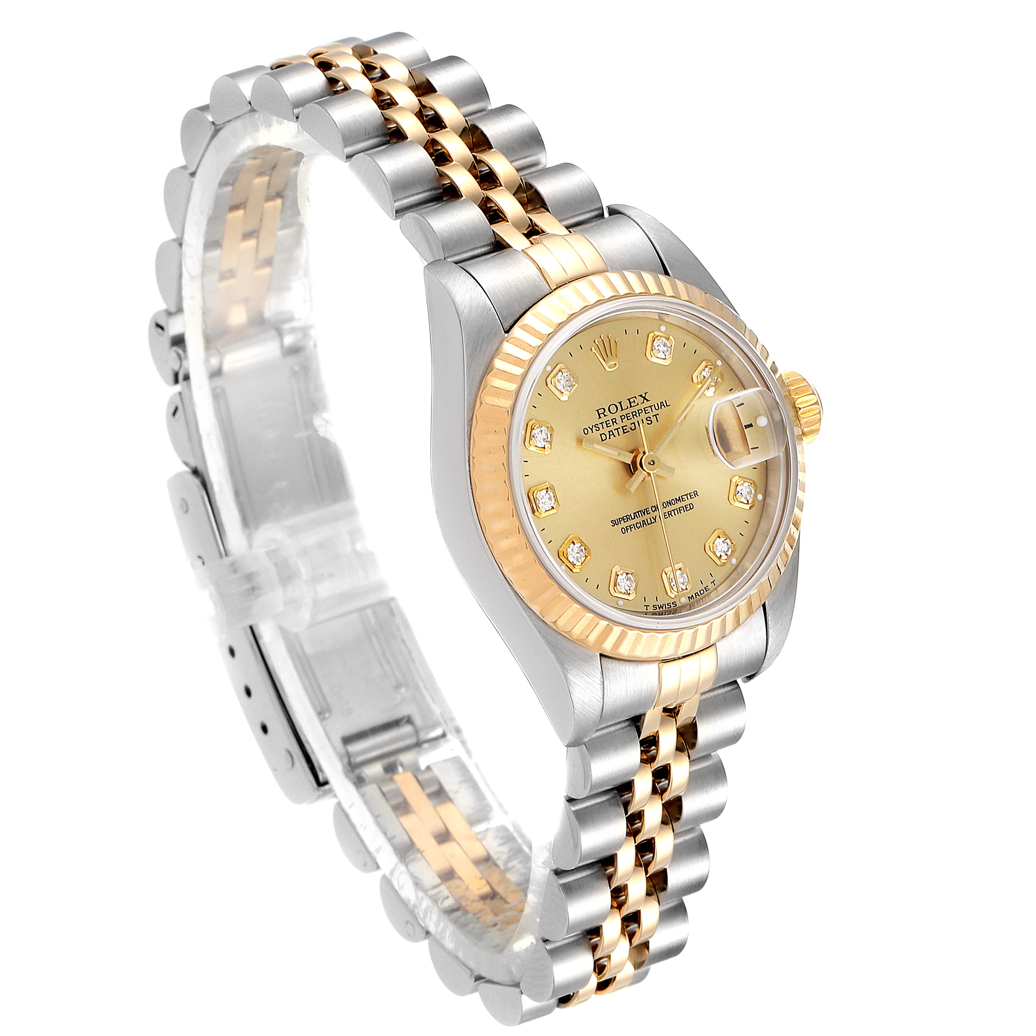 This image shows a side profile of a Rolex Datejust 69173 Women's Steel and Gold (two tone) Champagne Dial 69173 Women's Steel and Gold (two tone) Champagne Dial watch, highlighting its Jubilee bracelet and fluted bezel.