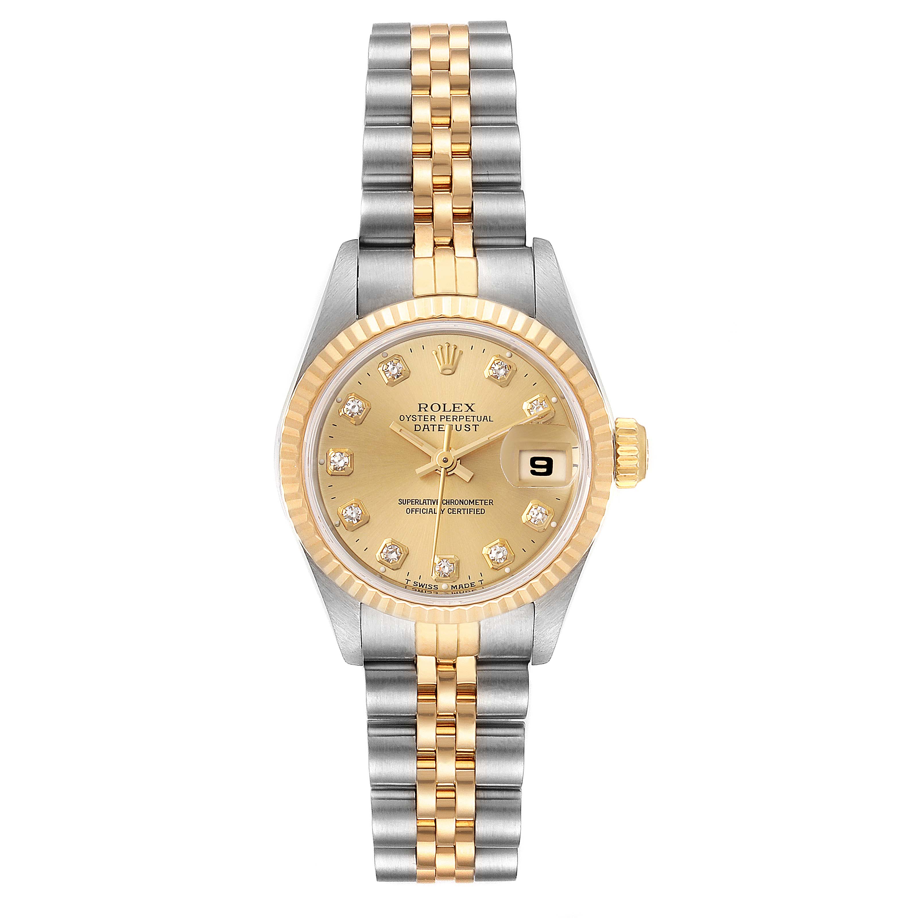 The image shows a Rolex Datejust 69173 Women's Steel and Gold (two tone) Champagne Dial 69173 Women's Steel and Gold (two tone) Champagne Dial watch from the front, displaying its gold dial, fluted bezel, and jubilee bracelet.
