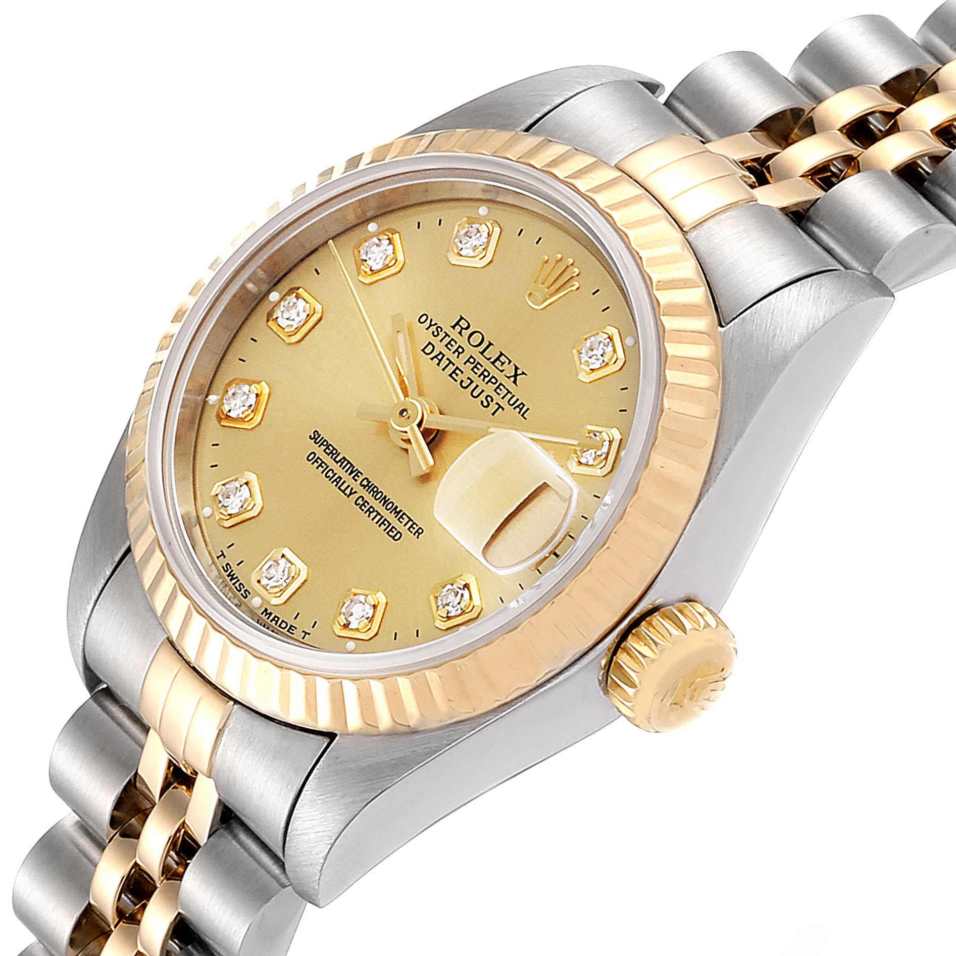 The image shows a Rolex Datejust 69173 Women's Steel and Gold (two tone) Champagne Dial 69173 Women's Steel and Gold (two tone) Champagne Dial watch from a slight side angle, highlighting the gold and silver bracelet, bezel, and crown.