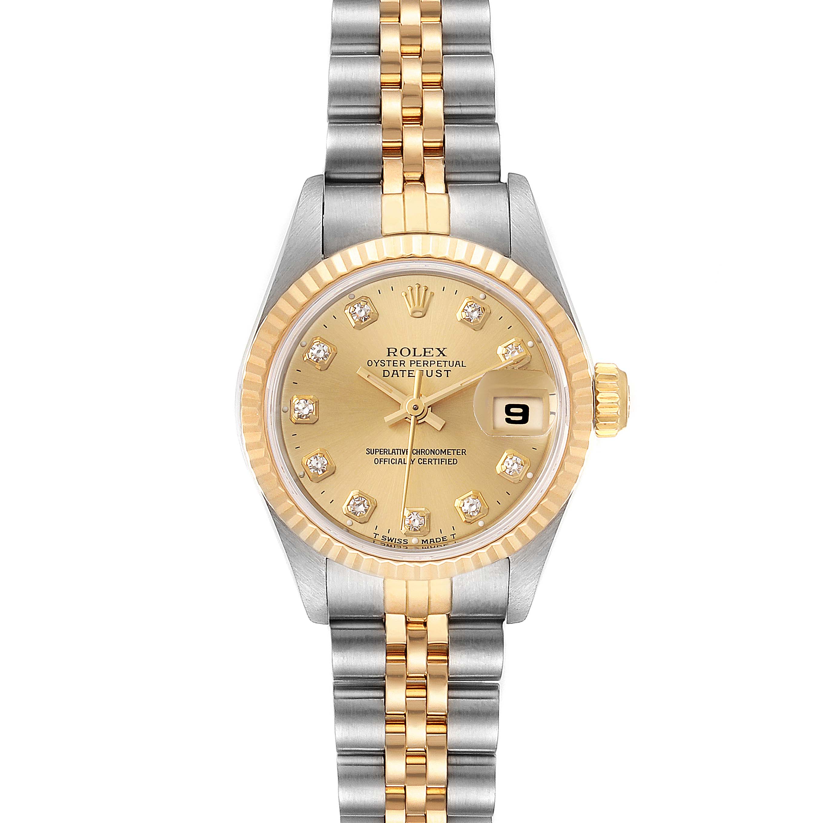 The image shows a front view of a Rolex Datejust 69173 Women's Steel and Gold (two tone) Champagne Dial 69173 Women's Steel and Gold (two tone) Champagne Dial watch, highlighting its two-tone bracelet, gold dial, and date display.