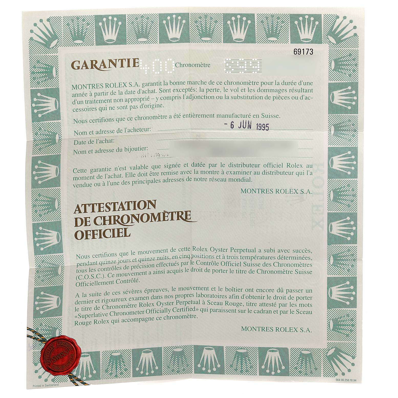 This image shows a warranty and official chronometer certification document for a Rolex Datejust 69173 Women's Steel and Gold (two tone) Champagne Dial 69173 Women's Steel and Gold (two tone) Champagne Dial model.