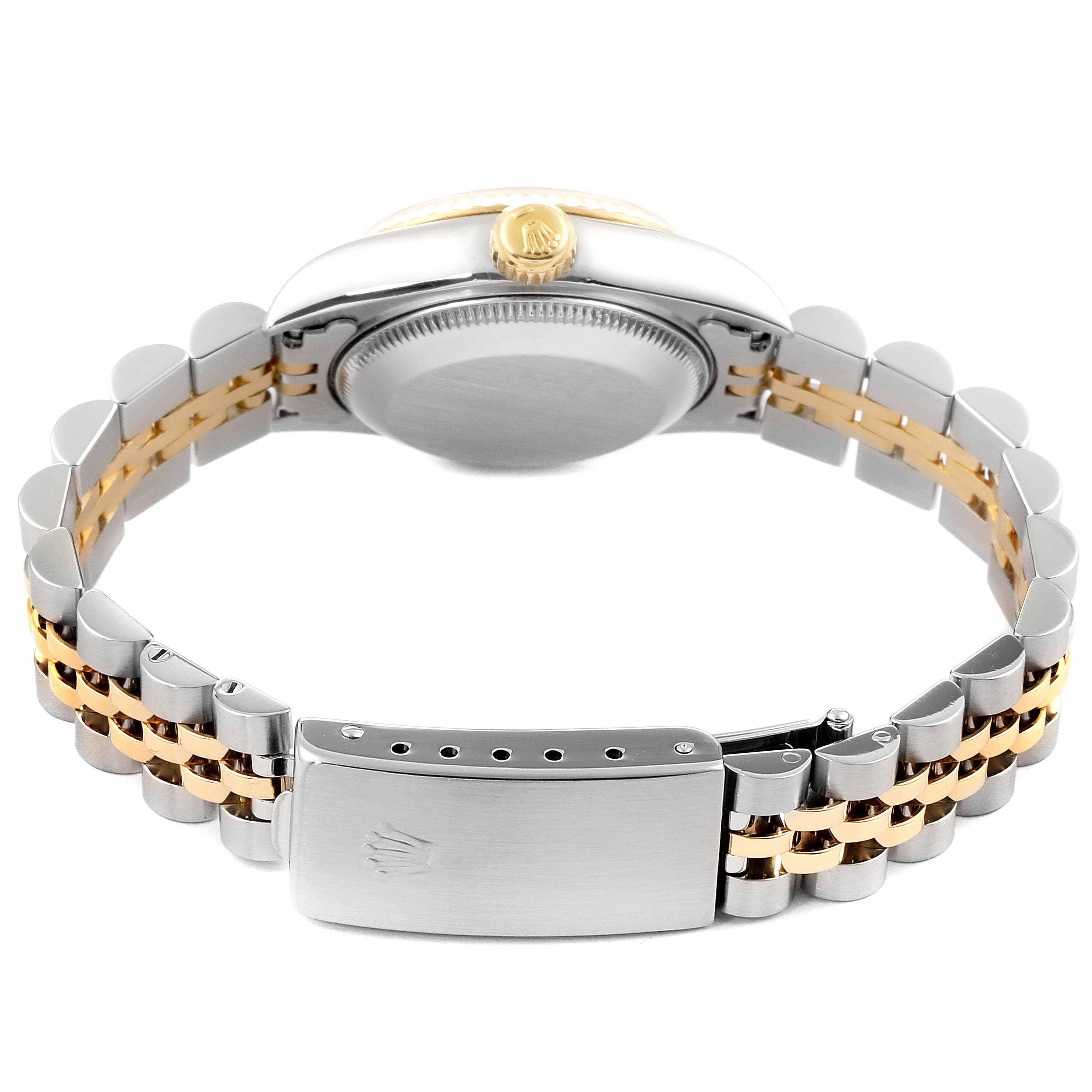 The image shows the back case and bracelet of a Rolex Datejust 69173 Women's Steel and Gold (two tone) Champagne Dial 69173 Women's Steel and Gold (two tone) Champagne Dial watch.