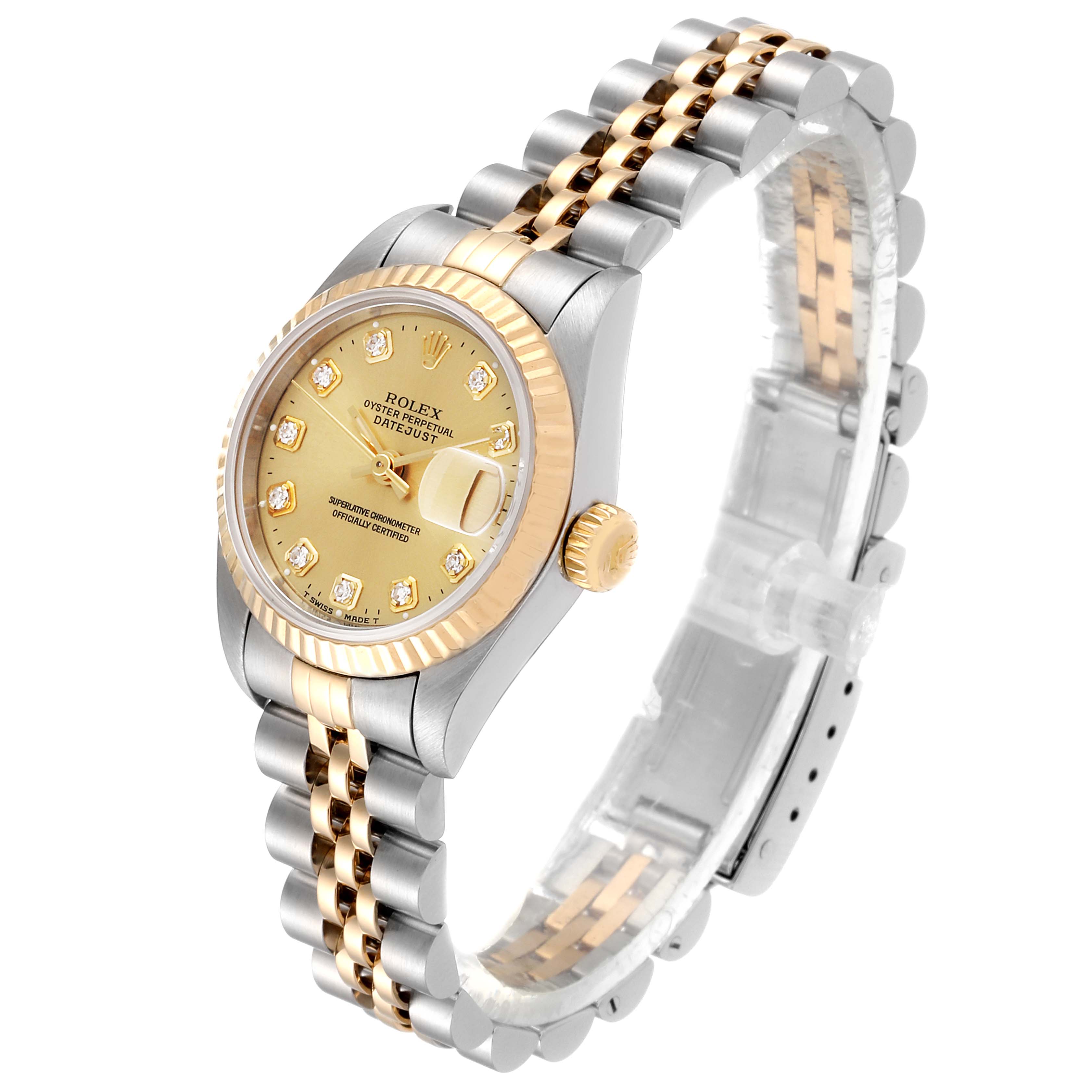 The Rolex Datejust 69173 Women's Steel and Gold (two tone) Champagne Dial 69173 Women's Steel and Gold (two tone) Champagne Dial watch is shown at an angled view, highlighting its gold dial, diamond hour markers, fluted bezel, and Jubilee bracelet.