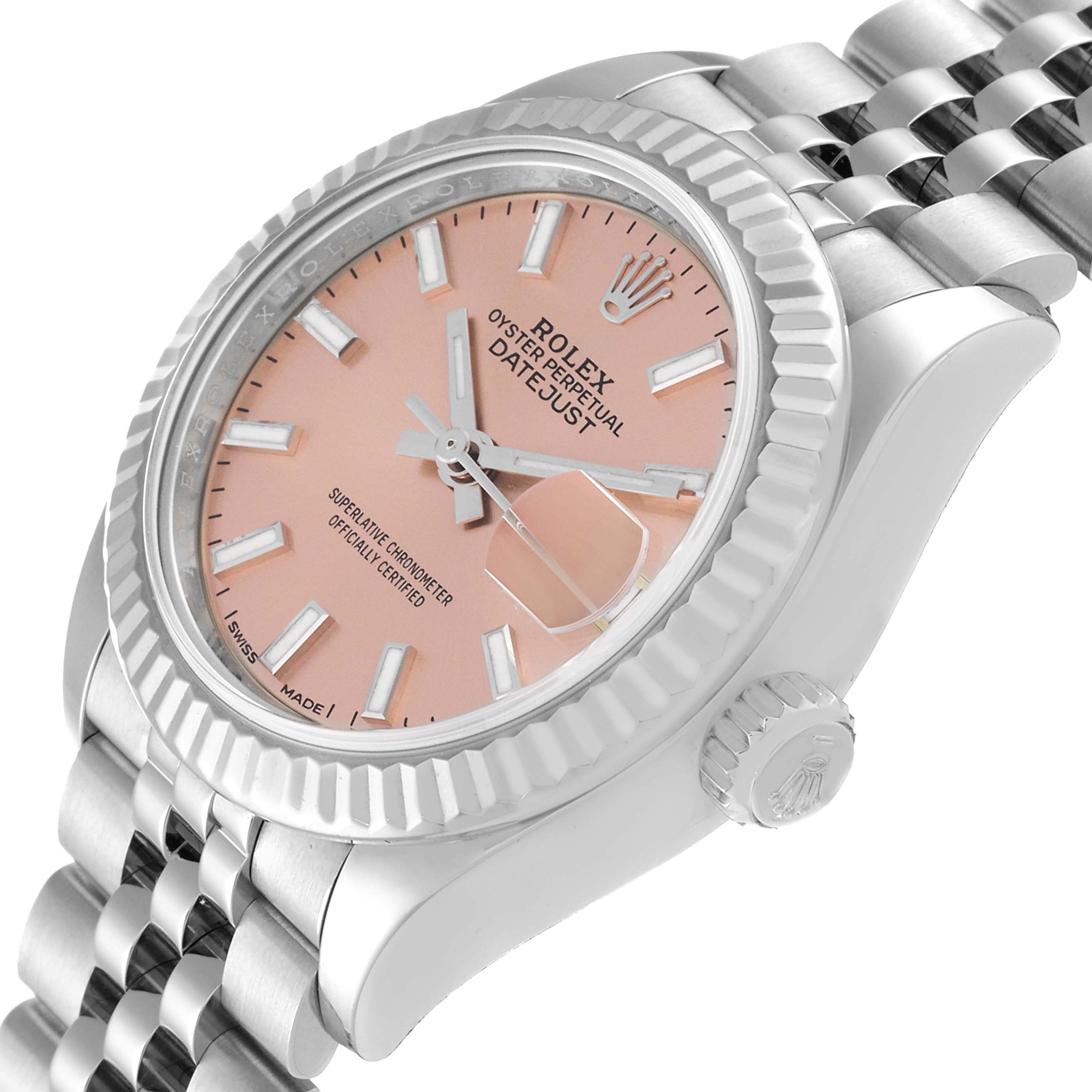 The image shows a Rolex Datejust 279174 Women's Stainless Steel Pink Dial 279174 Women's Stainless Steel Pink Dial watch at an angled side view, highlighting the dial, bezel, and part of the bracelet.