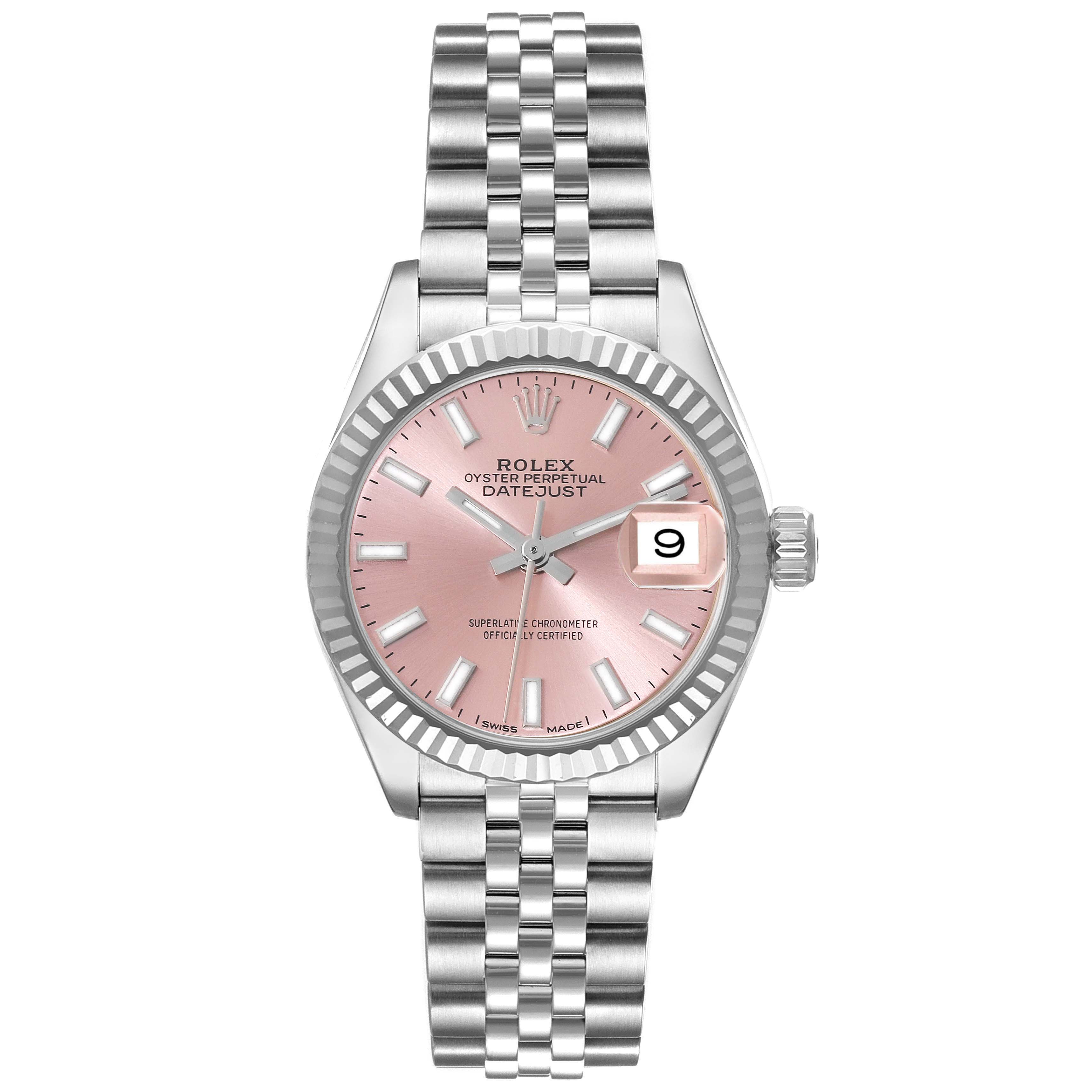 This image shows a front view of the Rolex Datejust 279174 Women's Stainless Steel Pink Dial 279174 Women's Stainless Steel Pink Dial watch, highlighting its bracelet, pink dial, and date function.