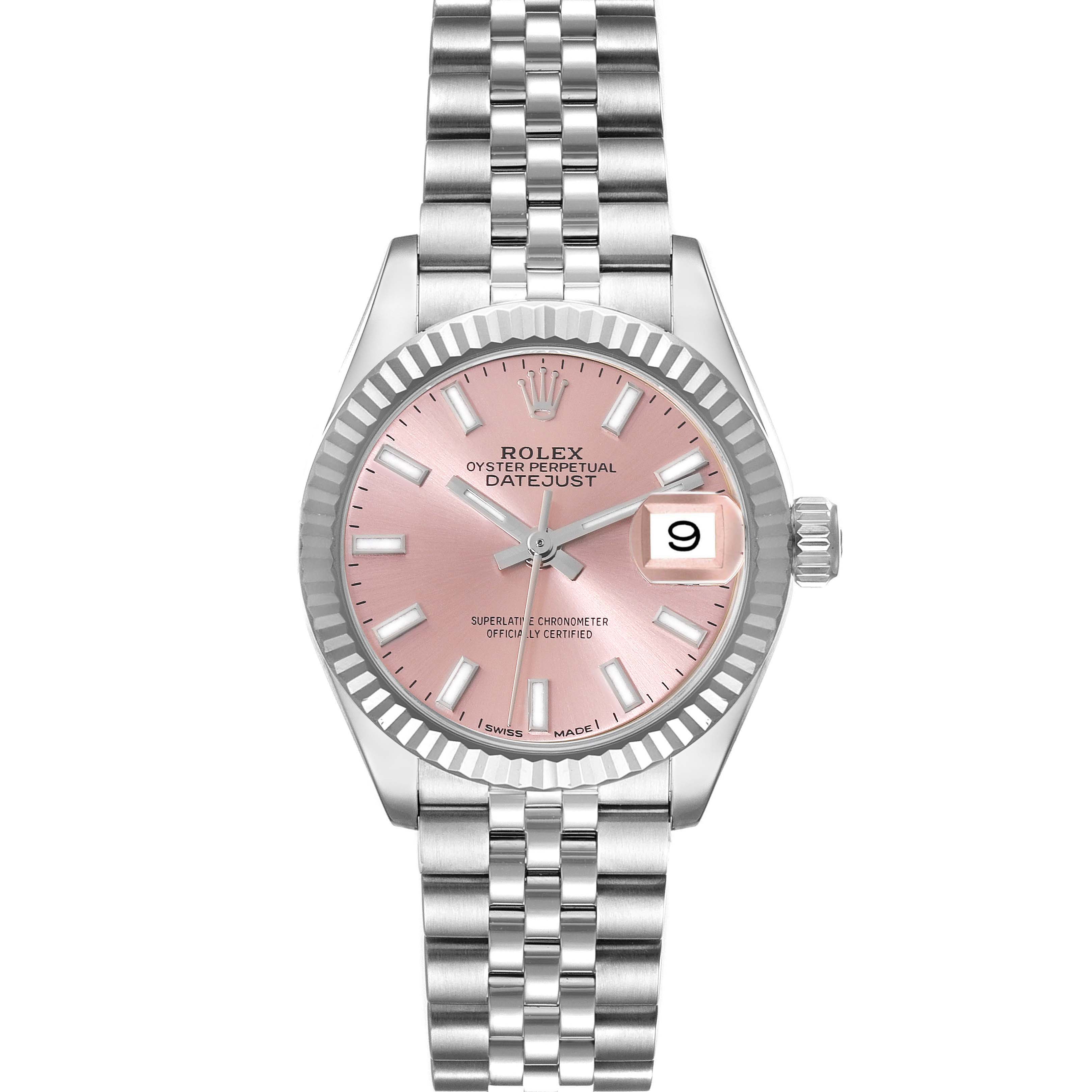 This image shows a front view of a Rolex Datejust 279174 Women's Stainless Steel Pink Dial 279174 Women's Stainless Steel Pink Dial watch with a pink dial and a jubilee bracelet.