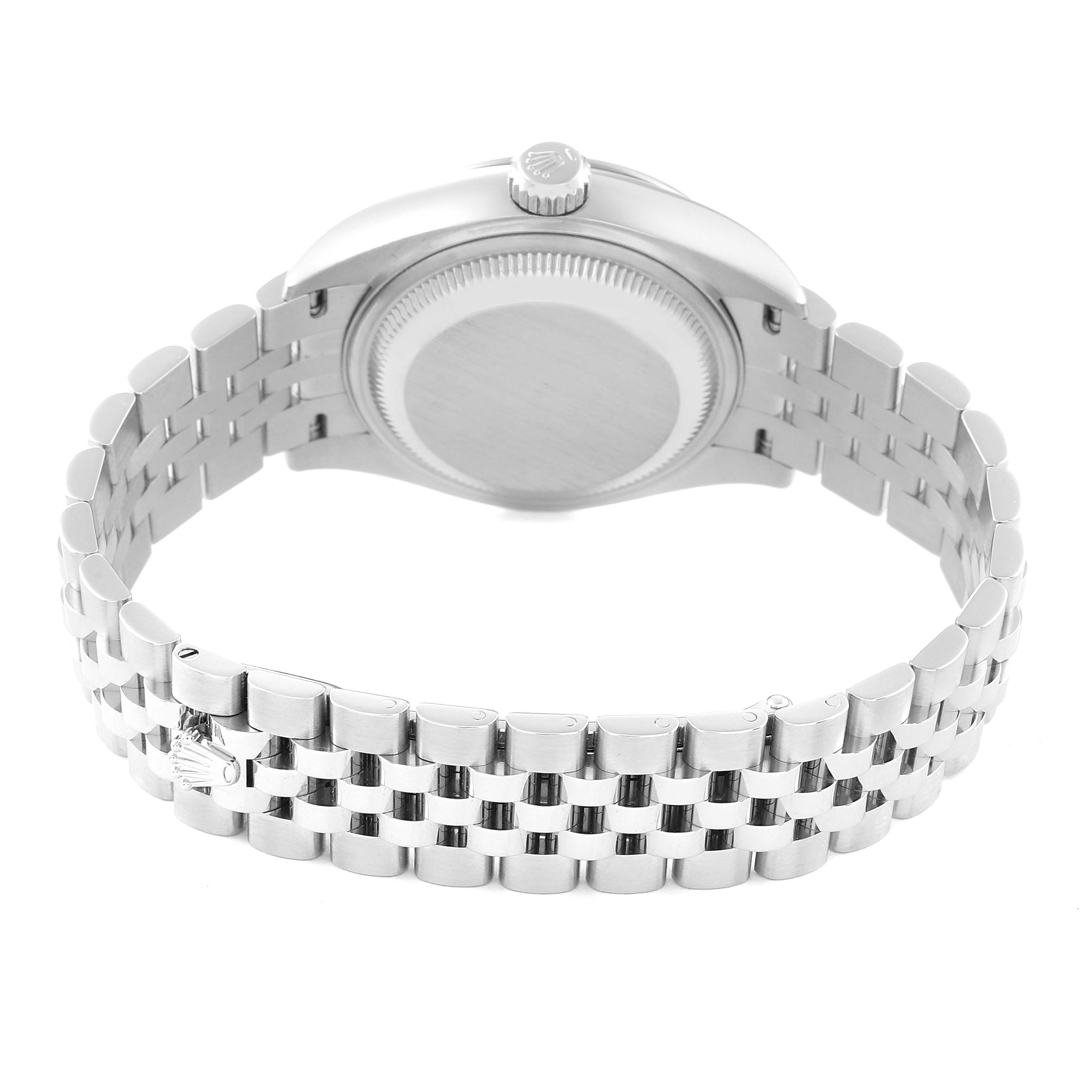 The image shows the back view of a Rolex Datejust 279174 Women's Stainless Steel Pink Dial 279174 Women's Stainless Steel Pink Dial watch, highlighting the case back and the jubilee bracelet.