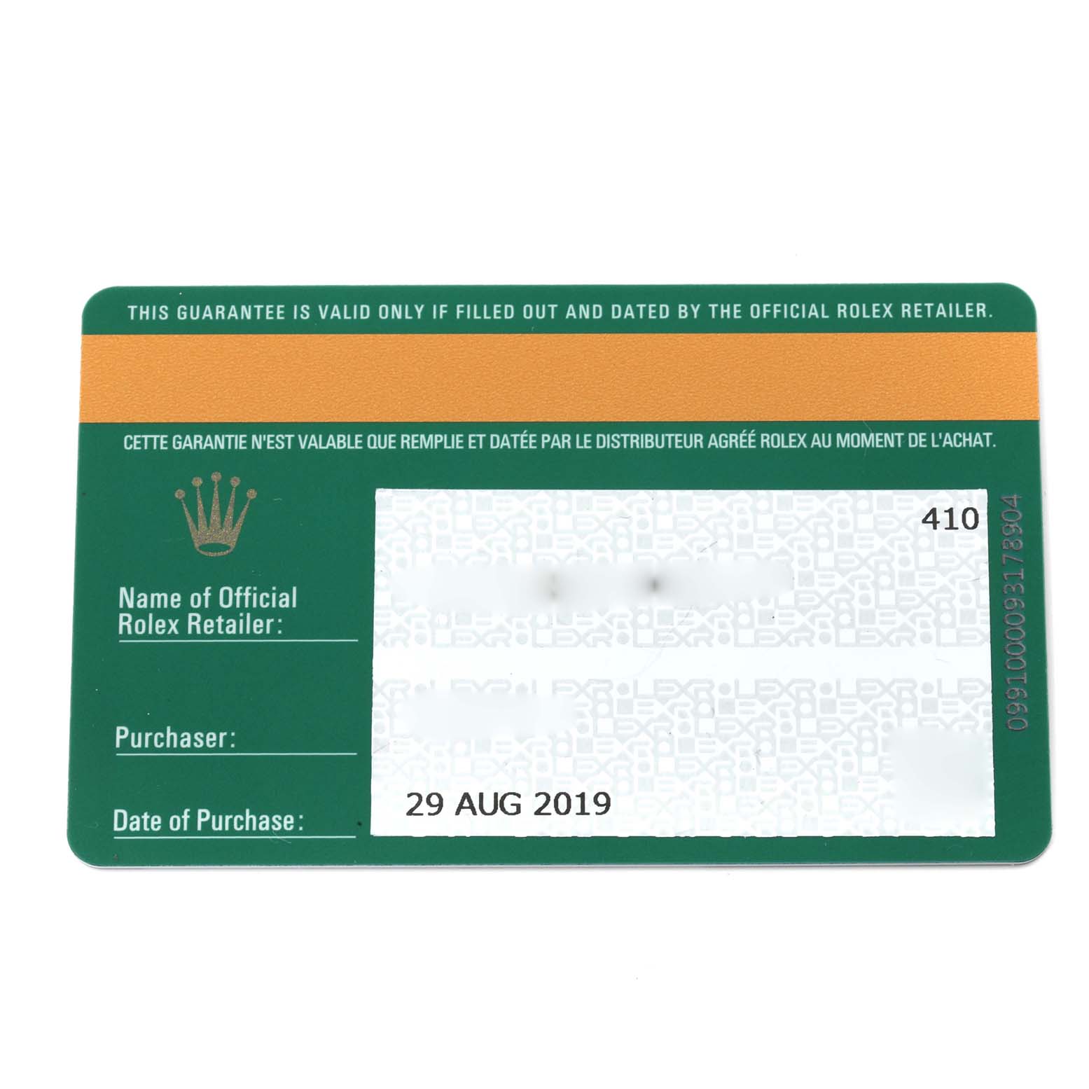 The image shows the guarantee card for a Rolex Datejust 279174 Women's Stainless Steel Pink Dial 279174 Women's Stainless Steel Pink Dial watch, displaying purchase details and retailer information.