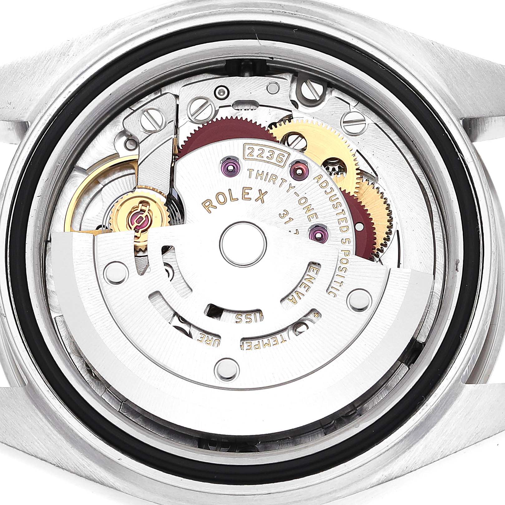 This image shows the inner mechanical movement of a Rolex Datejust 279174 Women's Stainless Steel Pink Dial 279174 Women's Stainless Steel Pink Dial watch from a rear angle.