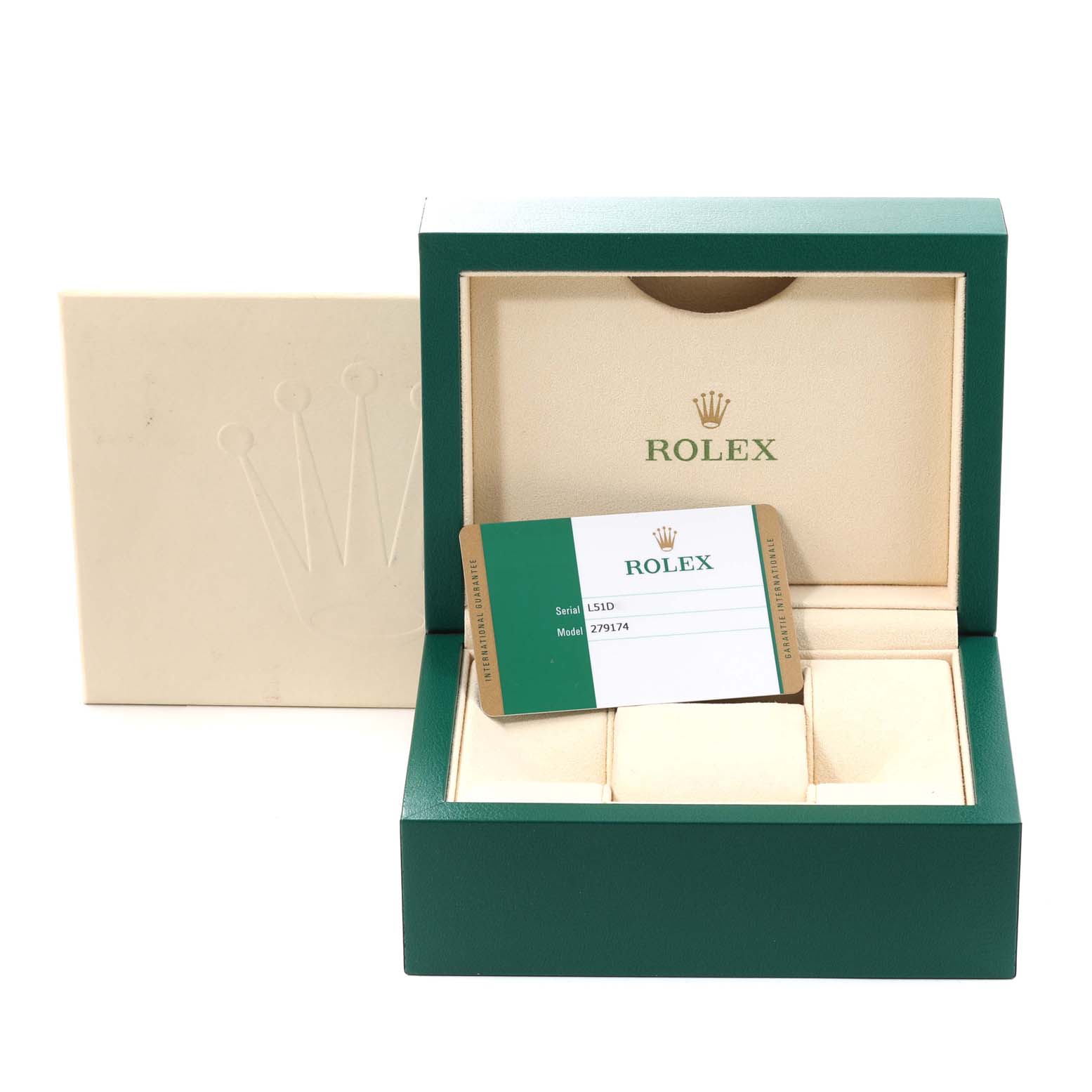 The image shows a Rolex Datejust 279174 Women's Stainless Steel Pink Dial 279174 Women's Stainless Steel Pink Dial watch box and warranty card from a slightly front-facing angle.