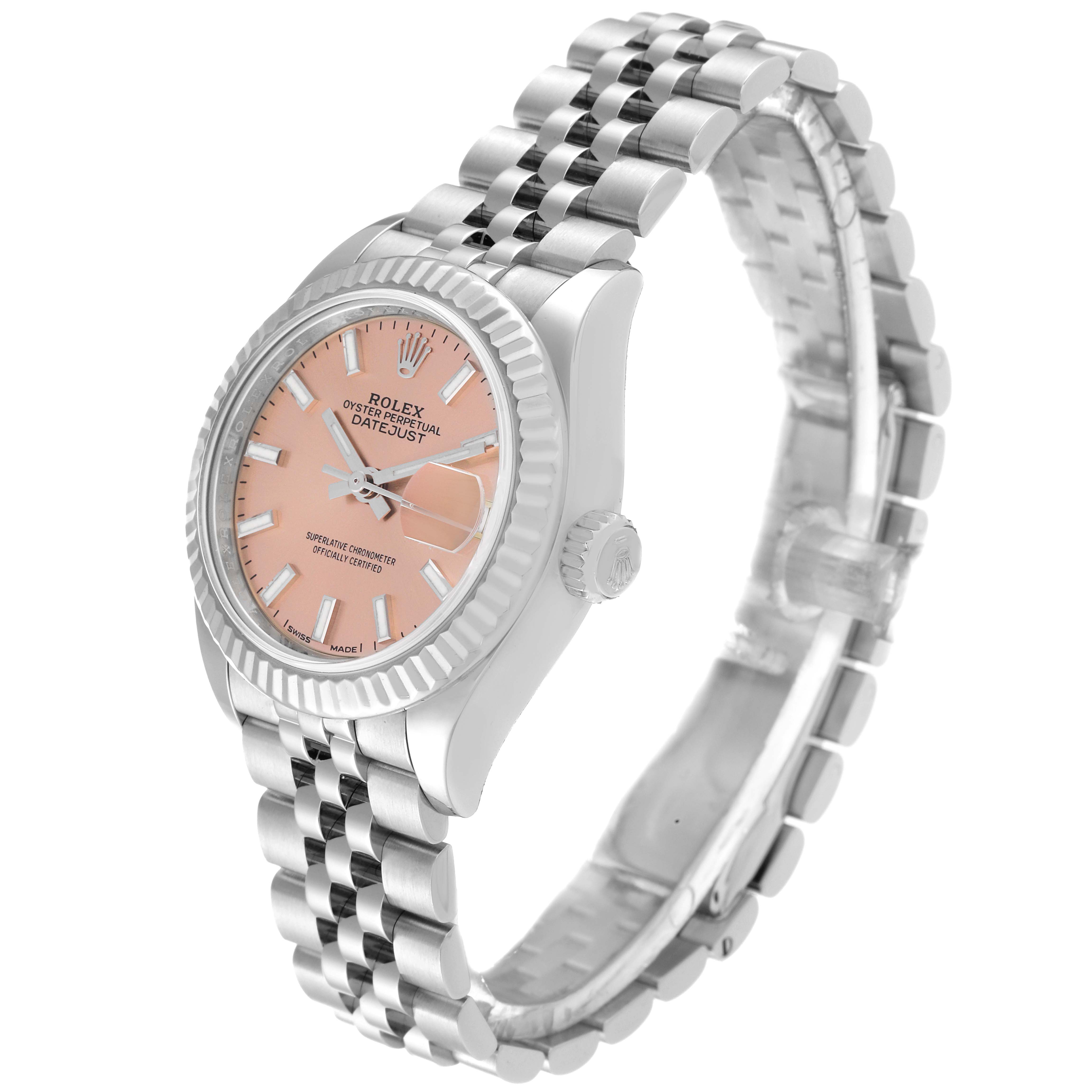The image shows the front and side profile of a Rolex Datejust 279174 Women's Stainless Steel Pink Dial 279174 Women's Stainless Steel Pink Dial watch with a silver jubilee bracelet and a pink dial.