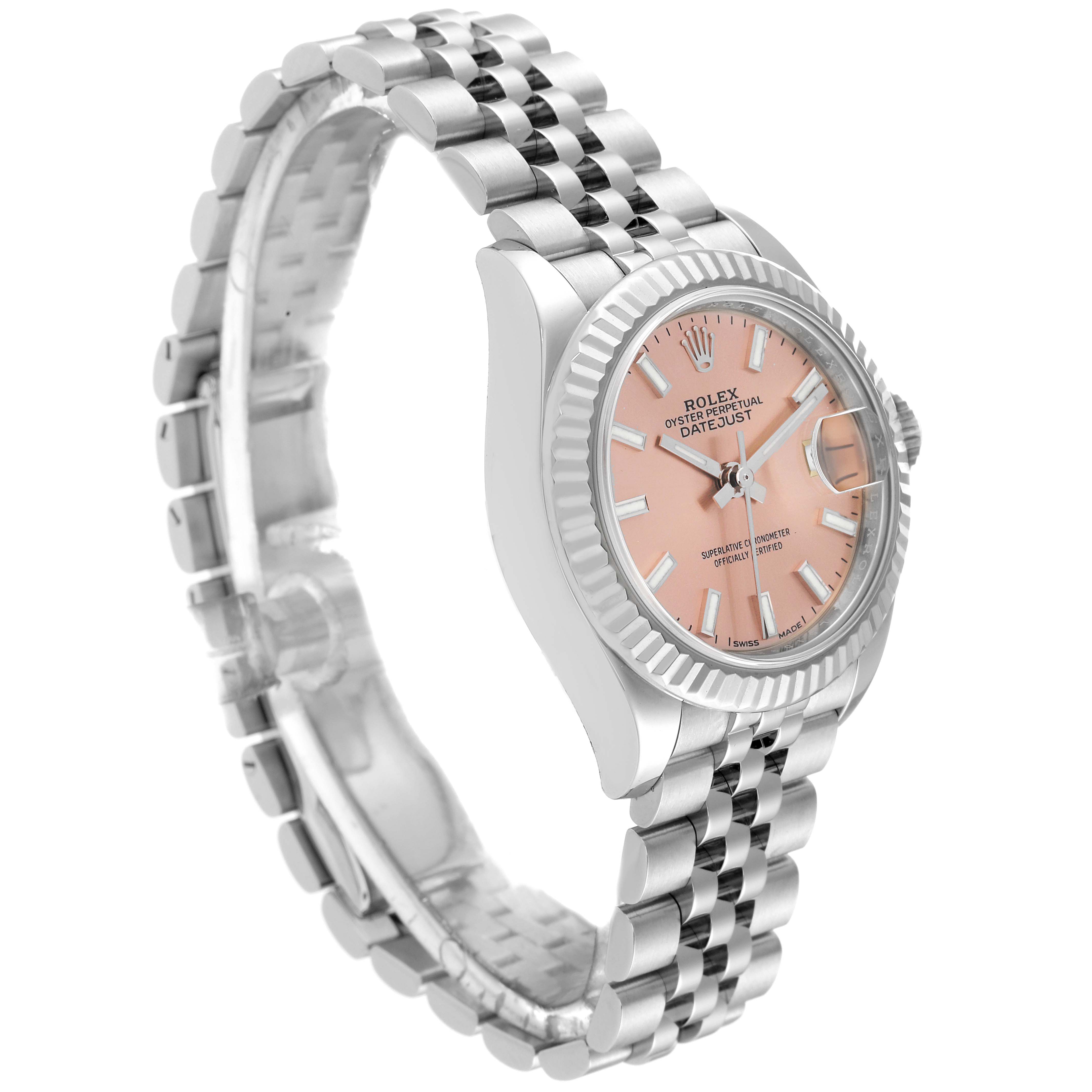 The image shows a Rolex Datejust 279174 Women's Stainless Steel Pink Dial 279174 Women's Stainless Steel Pink Dial watch from a three-quarter side angle, highlighting its case, bracelet, and pink dial.