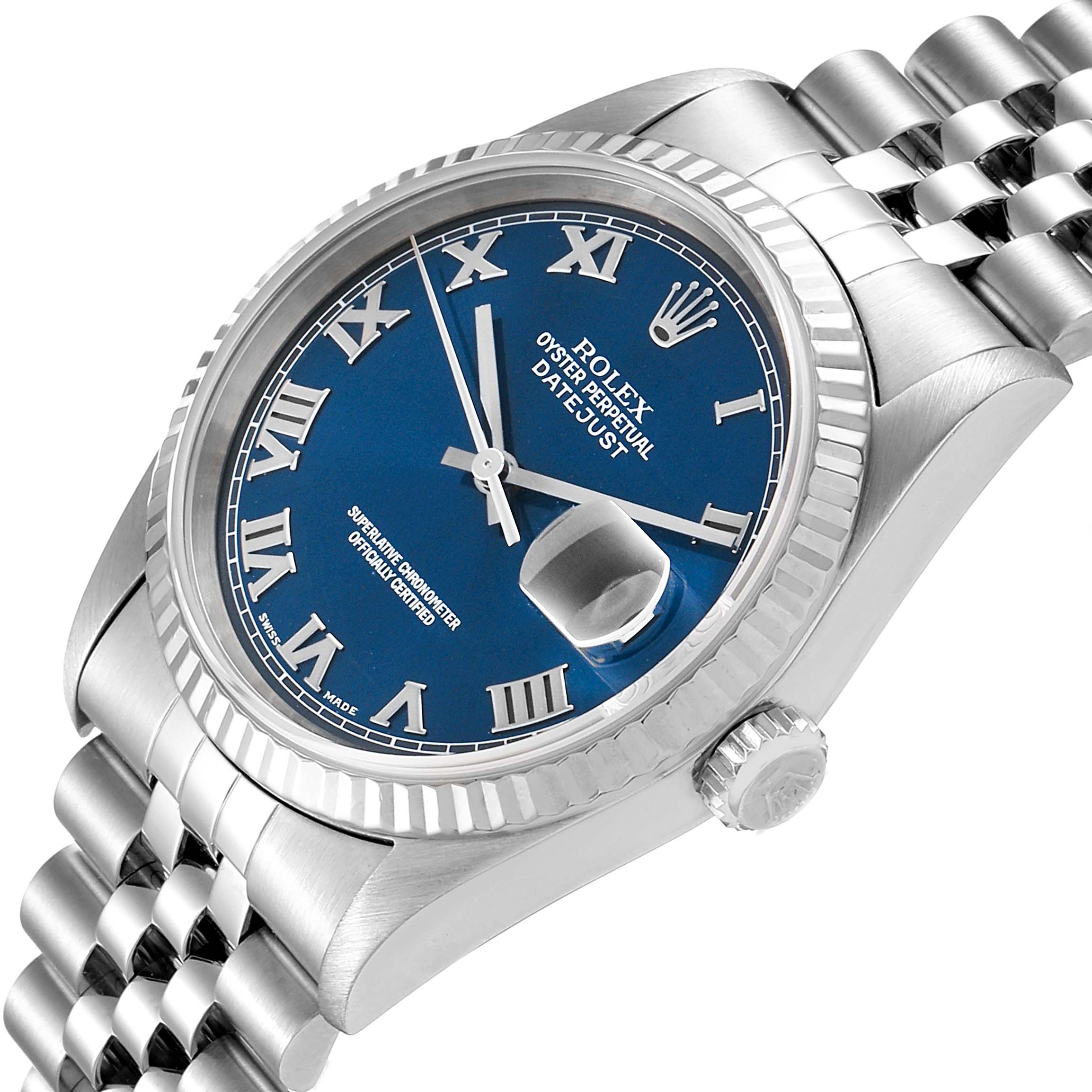 This image shows a Rolex Datejust 16234 Men's Stainless Steel Blue Dial 16234 Men's Stainless Steel Blue Dial watch at an angled view, highlighting its blue dial, roman numerals, fluted bezel, and Jubilee bracelet.