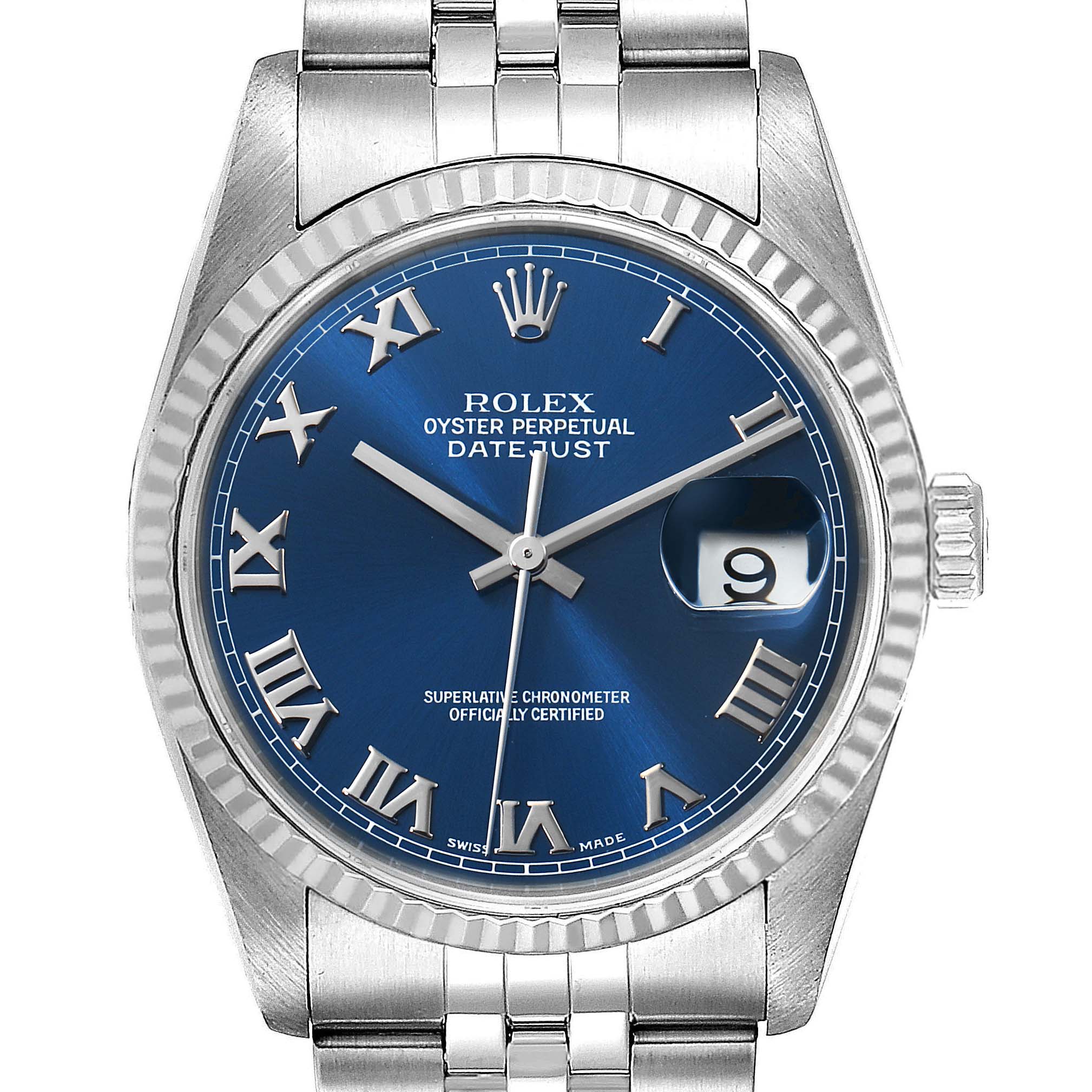 This image shows a front view of a Rolex Datejust 16234 Men's Stainless Steel Blue Dial 16234 Men's Stainless Steel Blue Dial watch, featuring a blue dial with Roman numerals and a Jubilee bracelet.