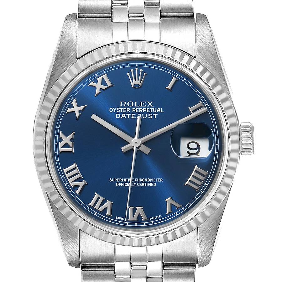 Rolex Datejust 36 Steel White Gold Blue Dial Mens Watch 16234 Box SwissWatchExpo
