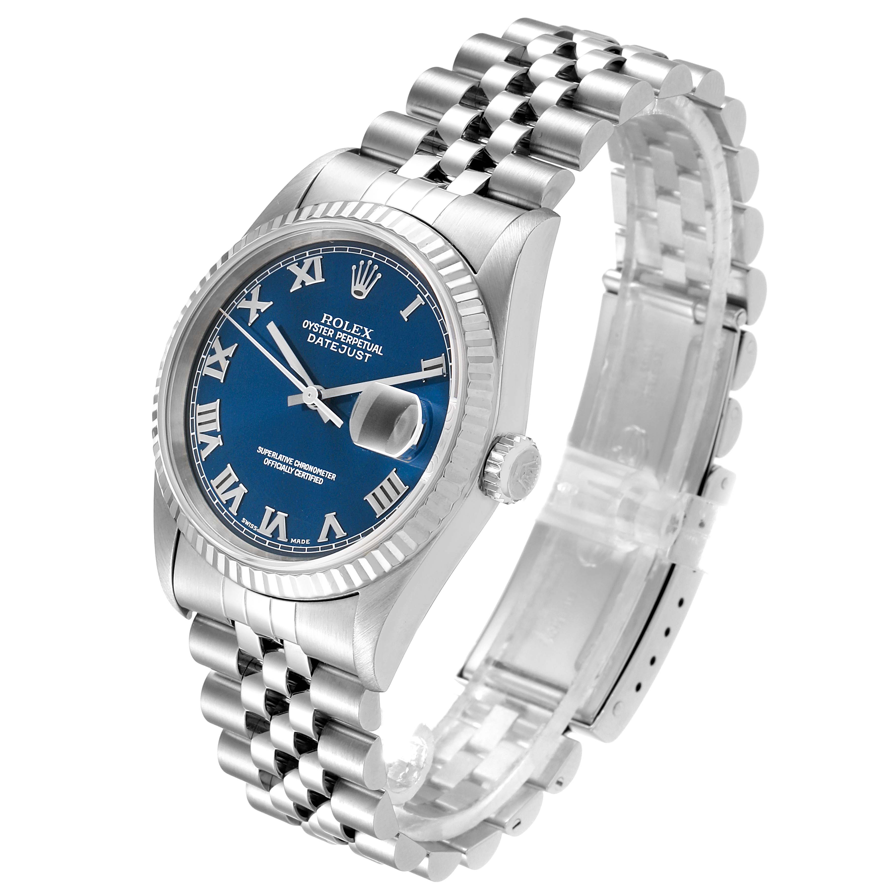 The image shows a side-angle view of a Rolex Datejust 16234 Men's Stainless Steel Blue Dial 16234 Men's Stainless Steel Blue Dial watch, highlighting the blue dial, Roman numerals, and Jubilee bracelet.