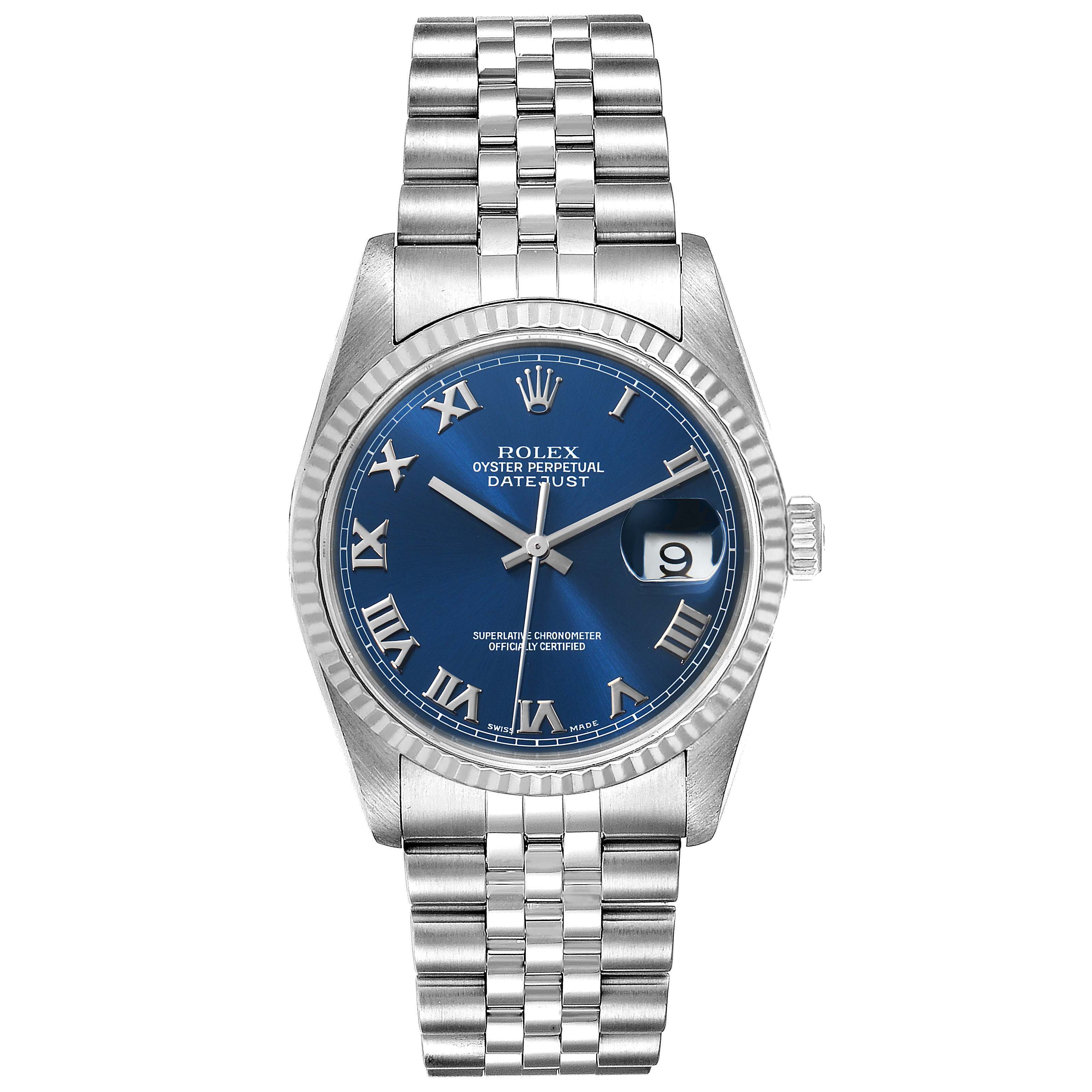 This image shows a Rolex Datejust 16234 Men's Stainless Steel Blue Dial 16234 Men's Stainless Steel Blue Dial watch from a frontal angle, displaying its face, bezel, and bracelet.
