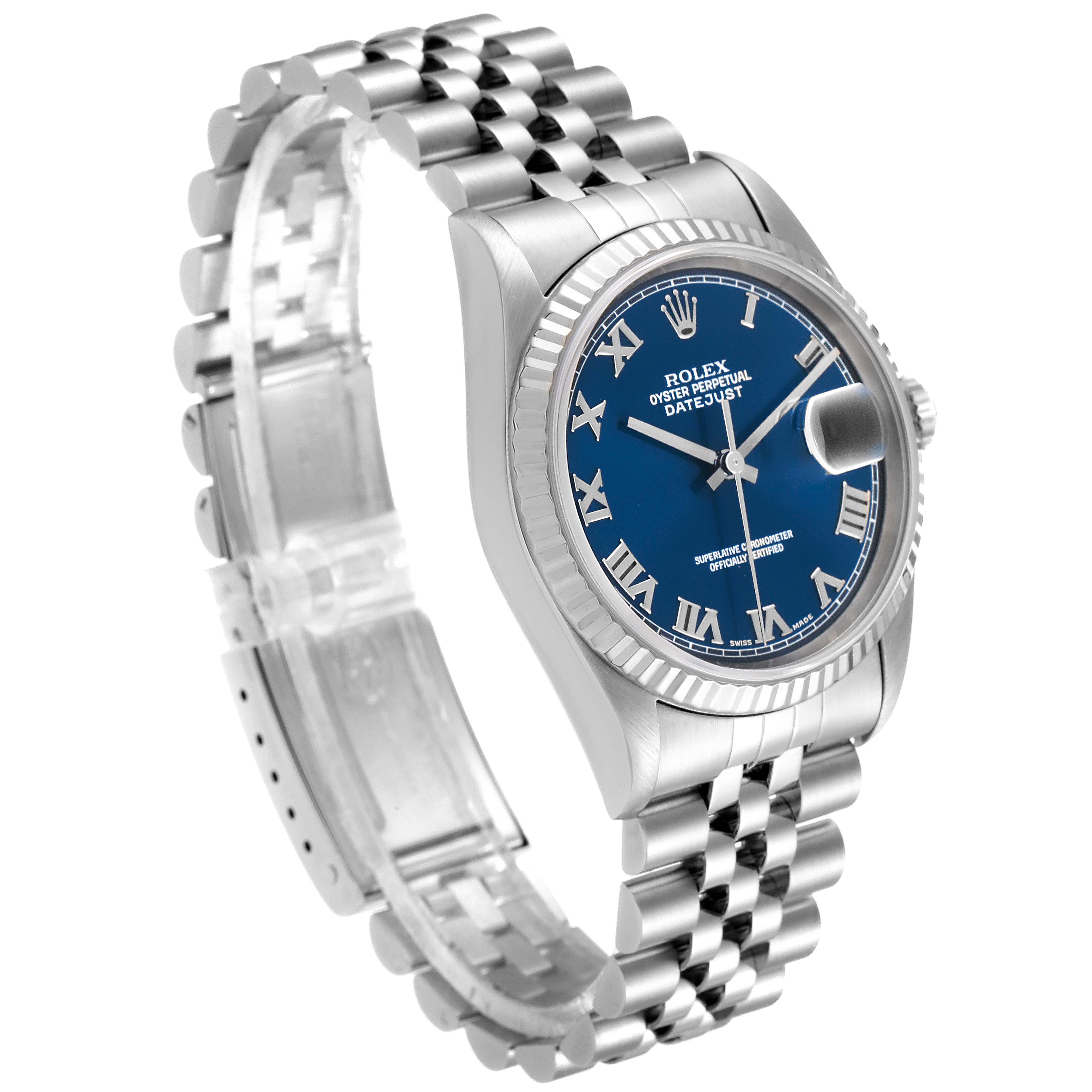 The image shows a Rolex Datejust 16234 Men's Stainless Steel Blue Dial 16234 Men's Stainless Steel Blue Dial watch from a three-quarter angle, highlighting the blue dial, Roman numerals, and silver bracelet.