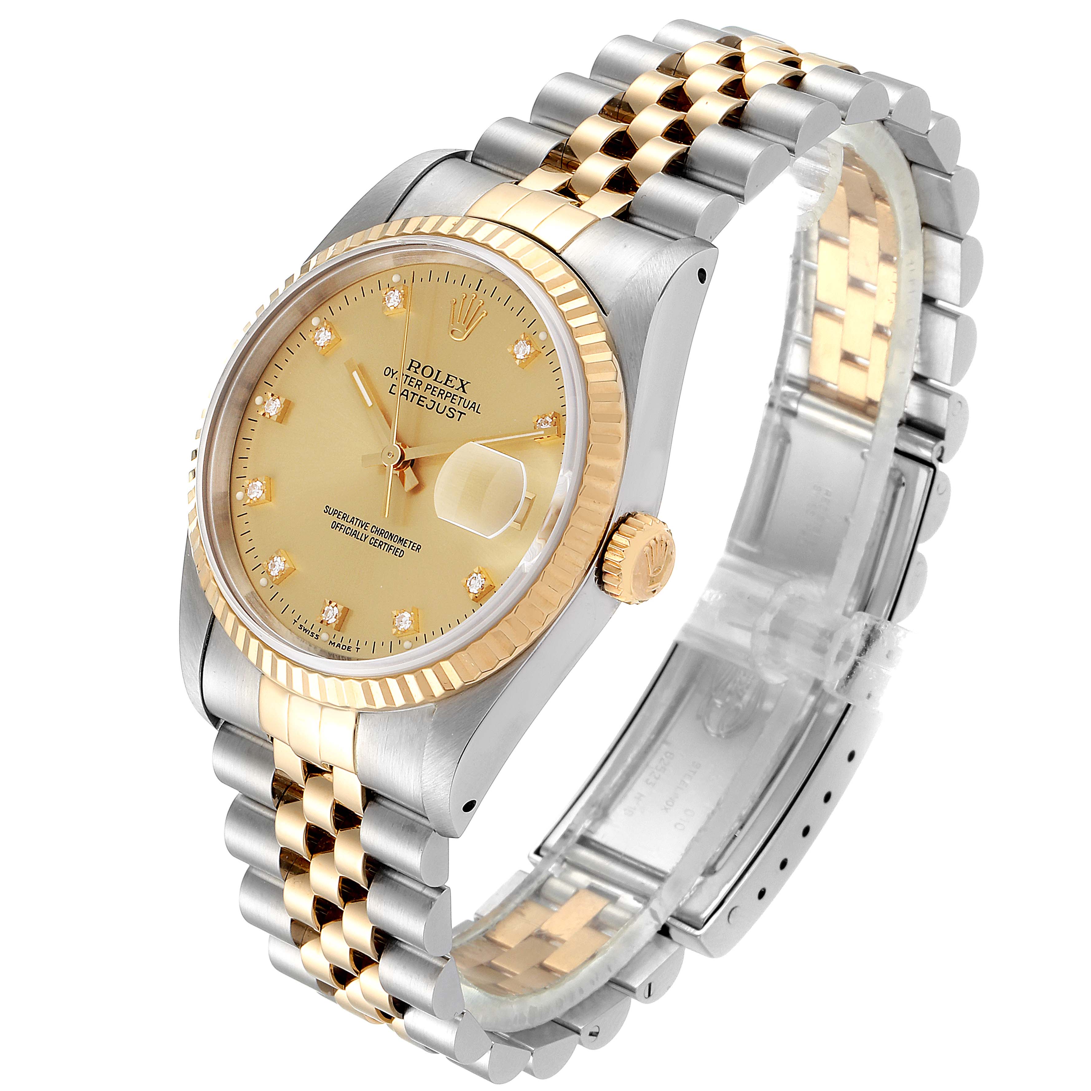 The image shows a side angle of a Rolex Datejust 16233 Men's Steel and Gold (two tone) Champagne Dial 16233 Men's Steel and Gold (two tone) Champagne Dial watch, displaying its gold dial, bezel, and two-tone bracelet.