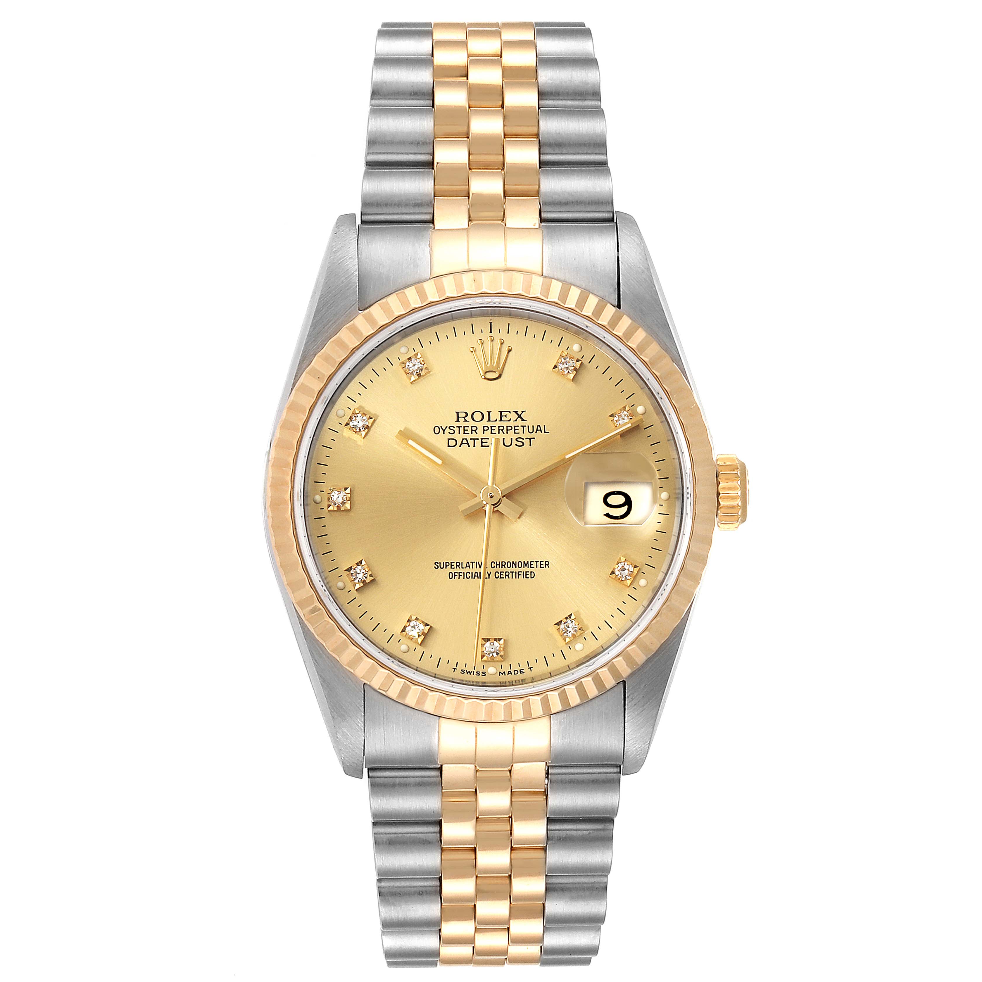 The image shows a front view of the Rolex Datejust 16233 Men's Steel and Gold (two tone) Champagne Dial 16233 Men's Steel and Gold (two tone) Champagne Dial watch, highlighting its face, bezel, dial, and two-tone bracelet.