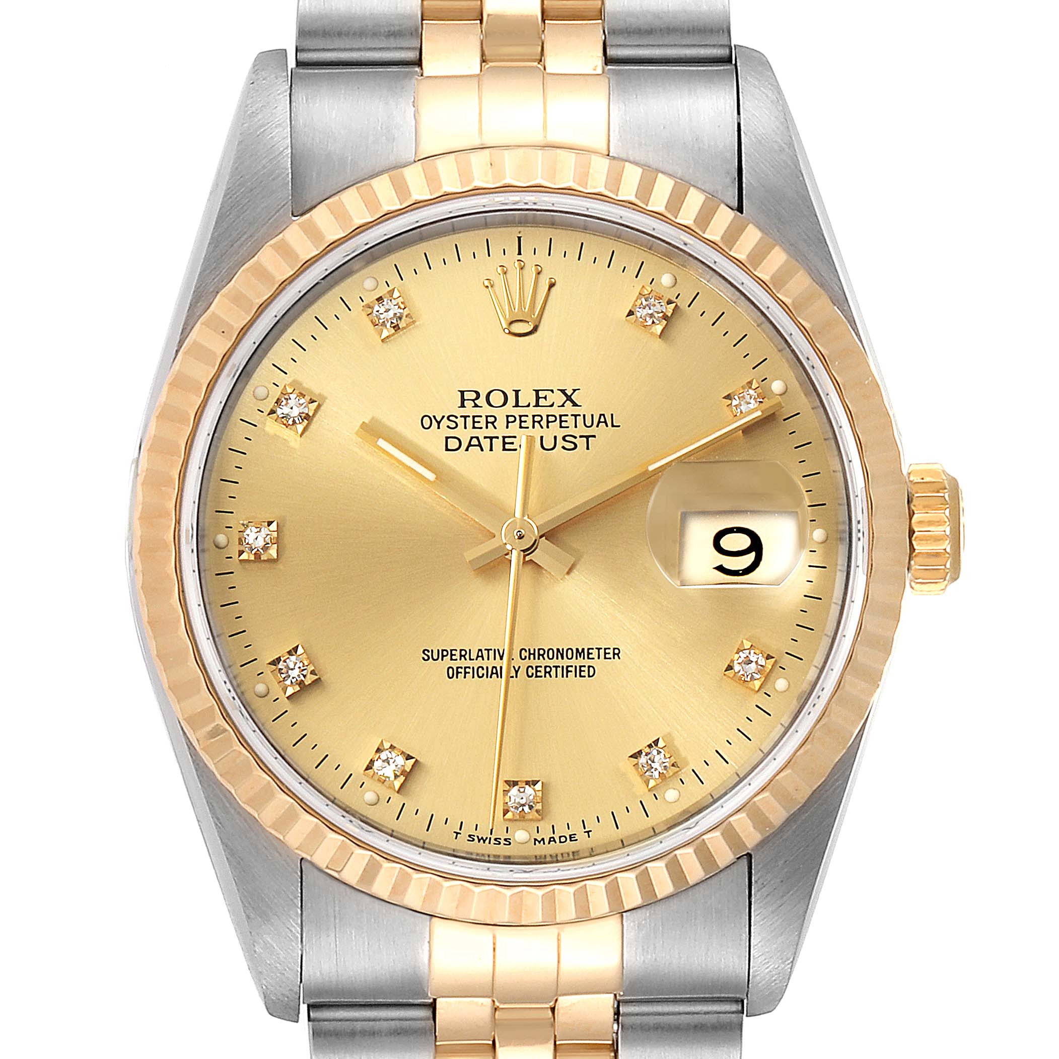 The image shows a front view of the Rolex Datejust 16233 Men's Steel and Gold (two tone) Champagne Dial 16233 Men's Steel and Gold (two tone) Champagne Dial watch displaying the face, dial, crown, and part of the bracelet.
