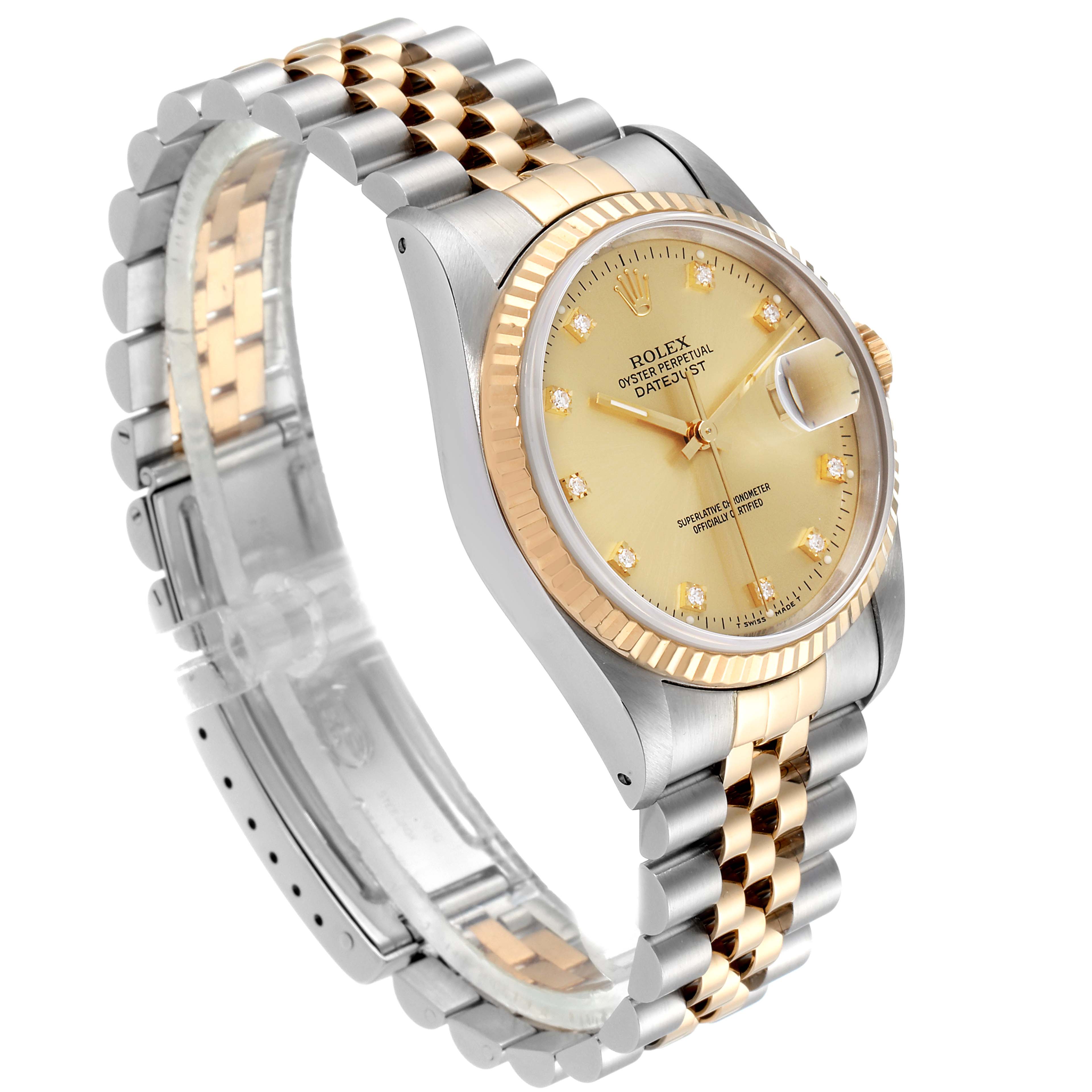The image shows a Rolex Datejust 16233 Men's Steel and Gold (two tone) Champagne Dial 16233 Men's Steel and Gold (two tone) Champagne Dial watch angled slightly from the front, clearly displaying the face, bezel, and part of the bracelet.