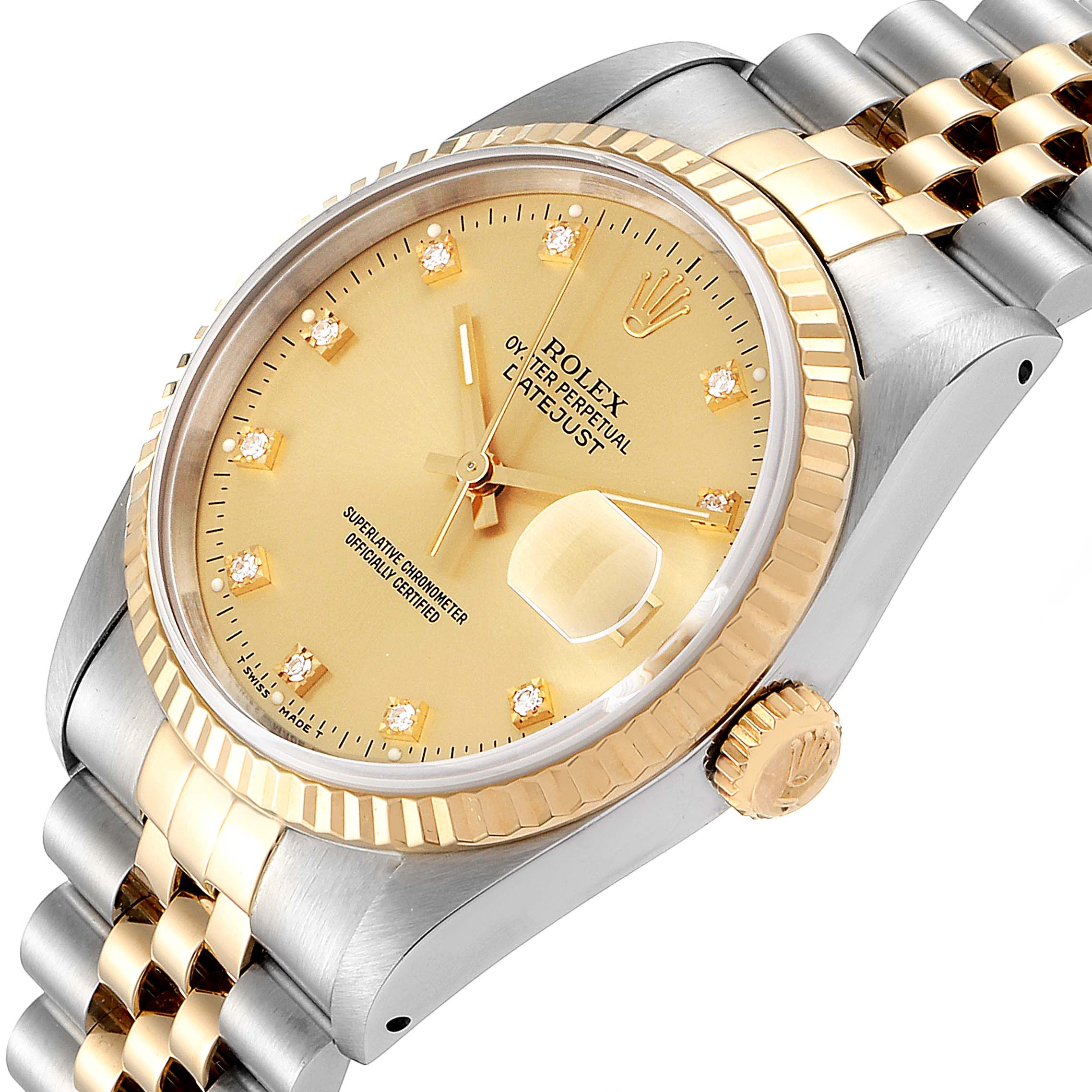 The image shows a Rolex Datejust 16233 Men's Steel and Gold (two tone) Champagne Dial 16233 Men's Steel and Gold (two tone) Champagne Dial watch at an angled close-up, highlighting the dial, crown, bezel, and jubilee bracelet.