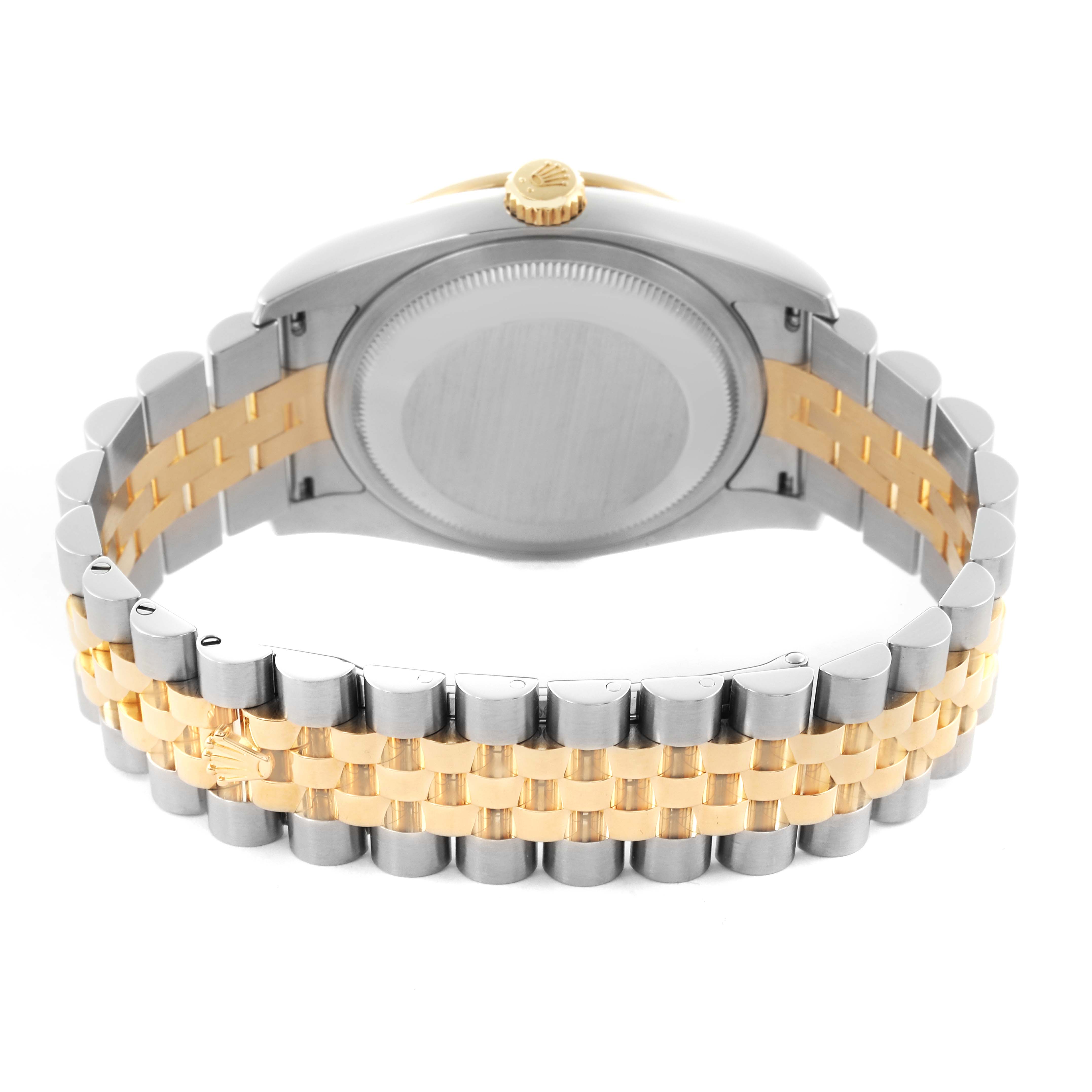 This image shows the back and bracelet of a Rolex Datejust 116243 Men
s Steel and Gold (two tone) Silver Dial 116243 Men
s Steel and Gold (two tone) Silver Dial watch, highlighting its two-tone metal design.