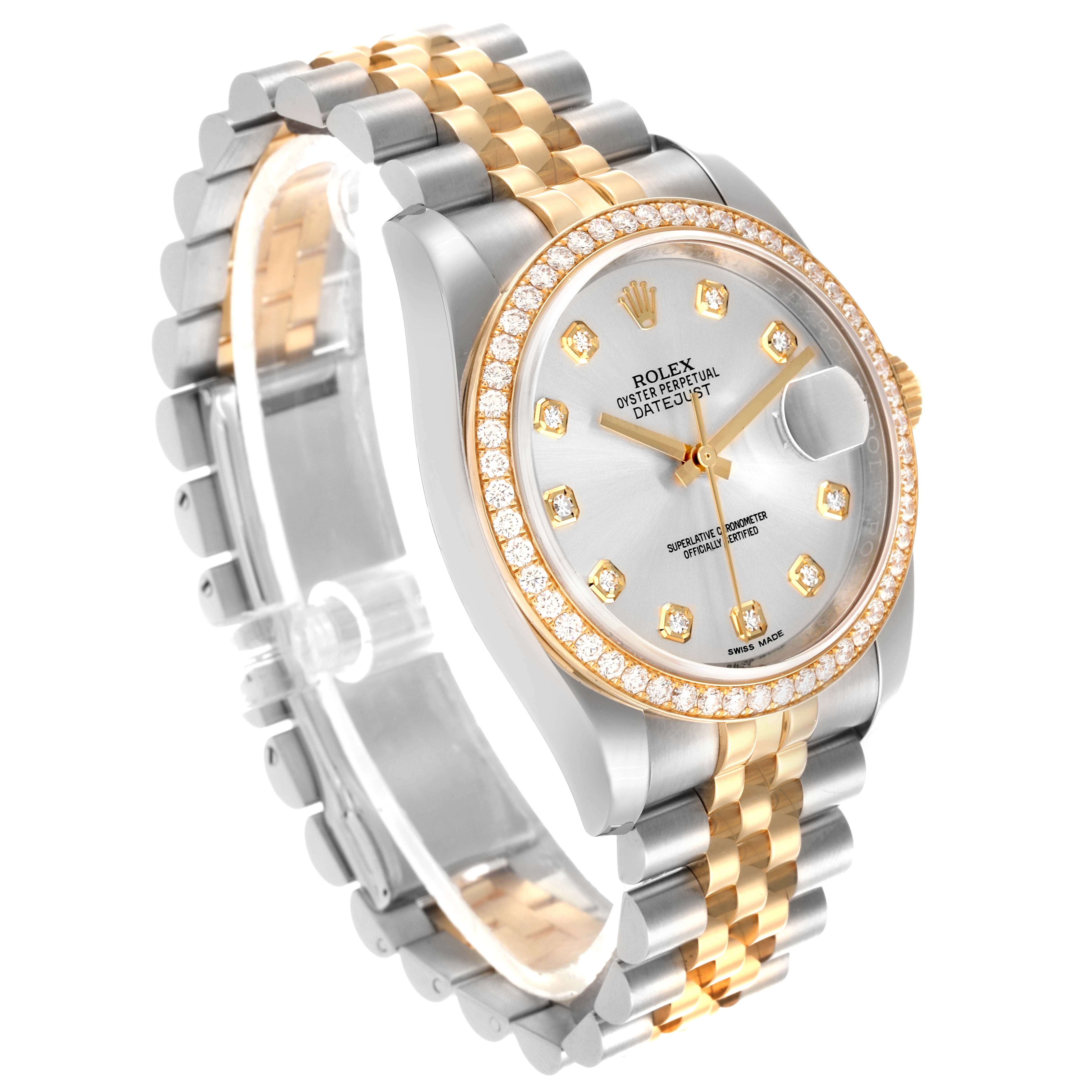The Rolex Datejust 116243 Men
s Steel and Gold (two tone) Silver Dial 116243 Men
s Steel and Gold (two tone) Silver Dial watch is angled to show the dial, bezel, and bracelet in a diagonal view.