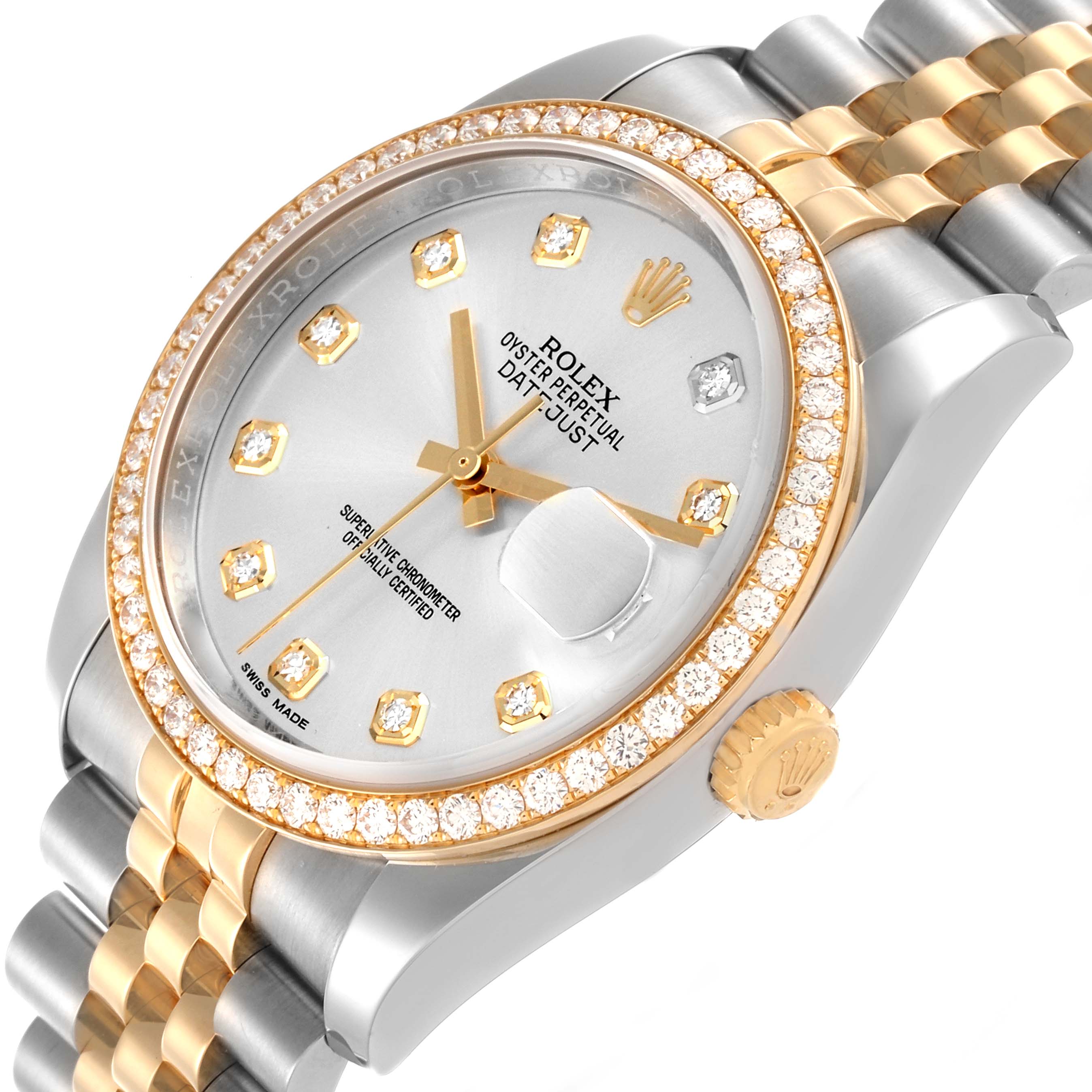 The Rolex Datejust 116243 Men
s Steel and Gold (two tone) Silver Dial 116243 Men
s Steel and Gold (two tone) Silver Dial watch is shown at an angled view, highlighting the diamond bezel, crown, and Jubilee bracelet.