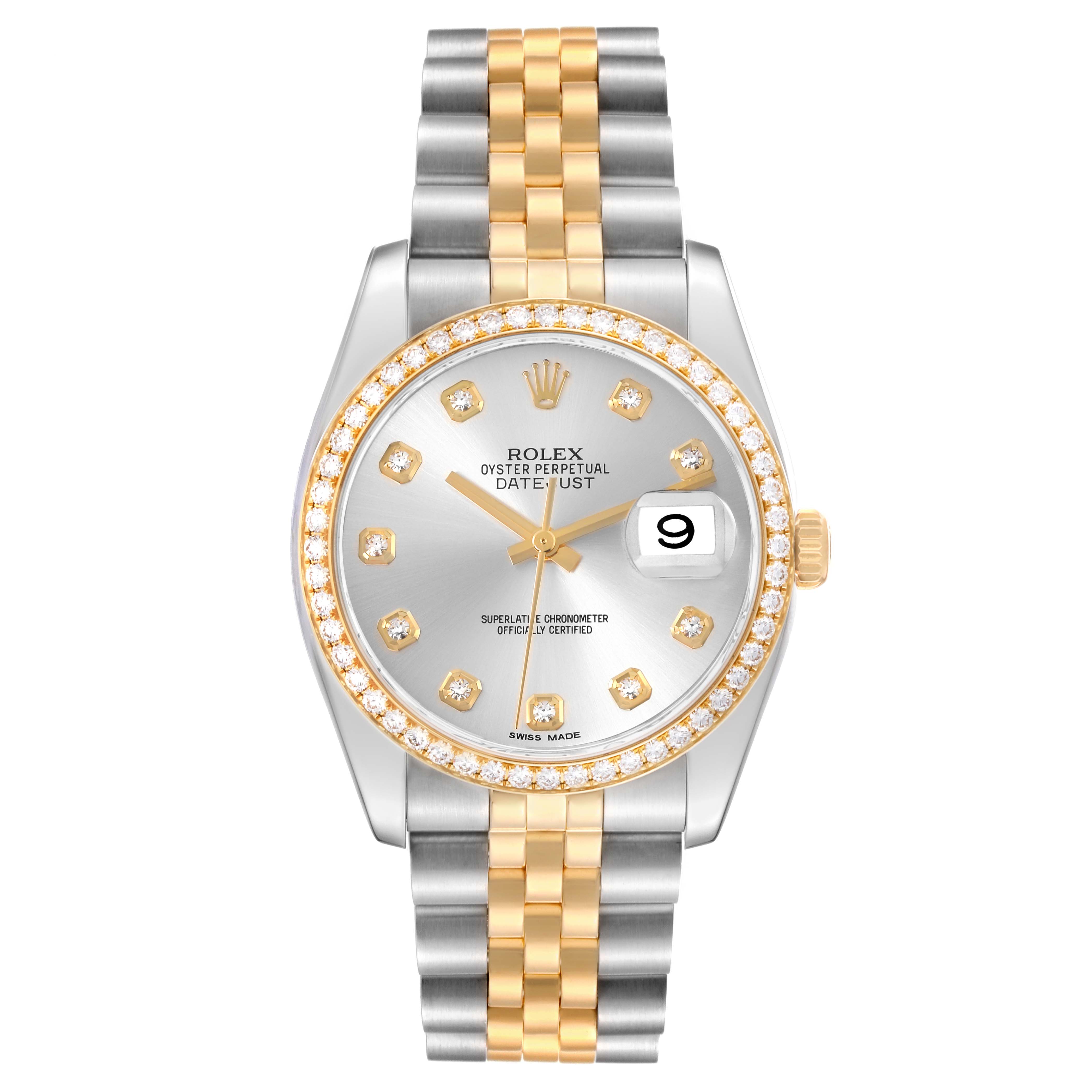 The Rolex Datejust 116243 Men
s Steel and Gold (two tone) Silver Dial 116243 Men
s Steel and Gold (two tone) Silver Dial watch is shown from a front angle, displaying the face, bezel, and bracelet.