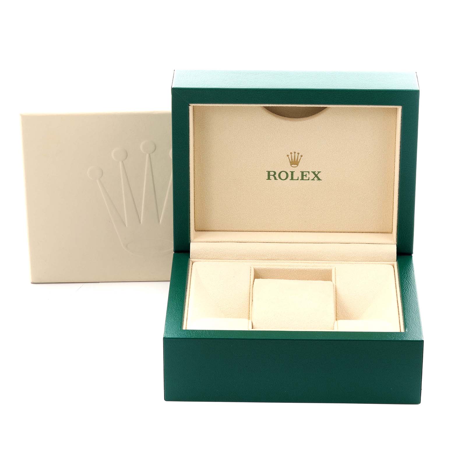 The image shows a Rolex Datejust 116243 Men
s Steel and Gold (two tone) Silver Dial 116243 Men
s Steel and Gold (two tone) Silver Dial box at an angle, displaying the open interior and embossed logo on the lid.
