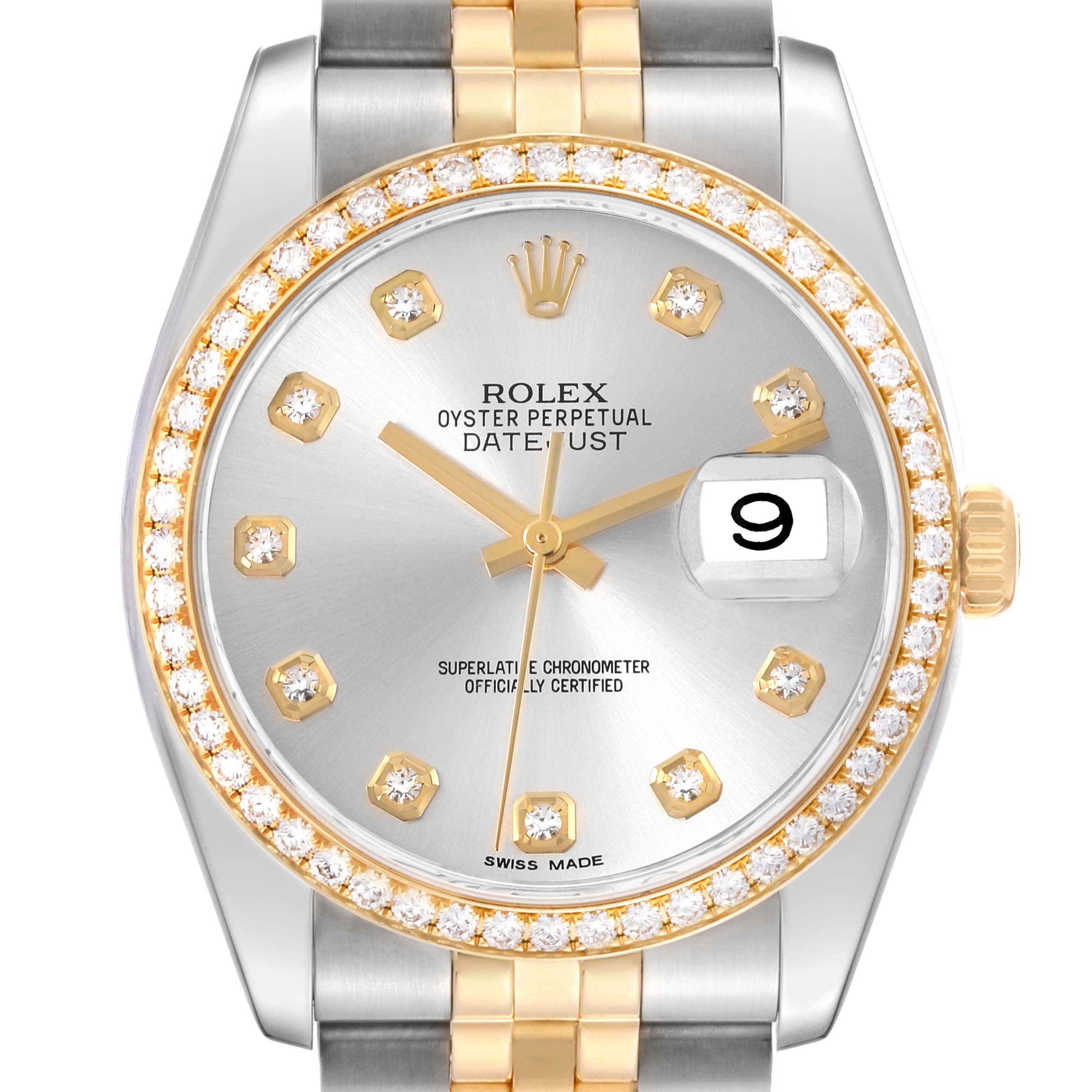 The Rolex Datejust 116243 Men
s Steel and Gold (two tone) Silver Dial 116243 Men
s Steel and Gold (two tone) Silver Dial watch is shown from the front, highlighting the diamond bezel, dial, and two-tone bracelet.