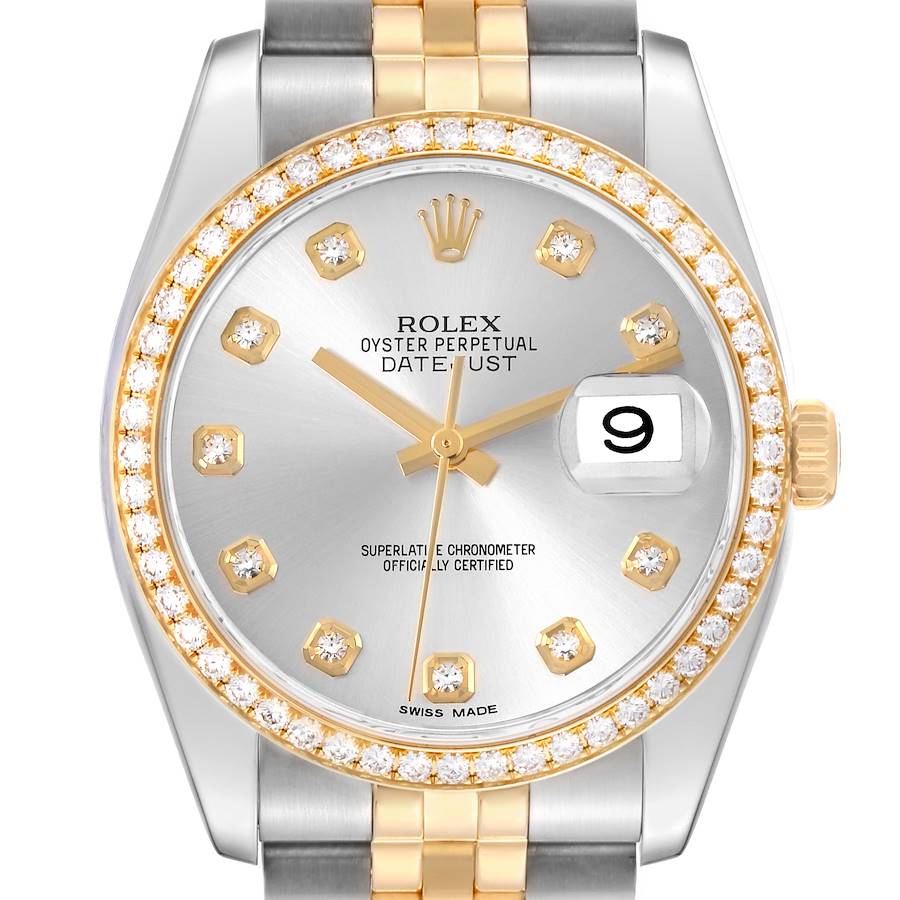 The Rolex Datejust watch is shown from the front, highlighting the diamond bezel, dial, and two-tone bracelet.