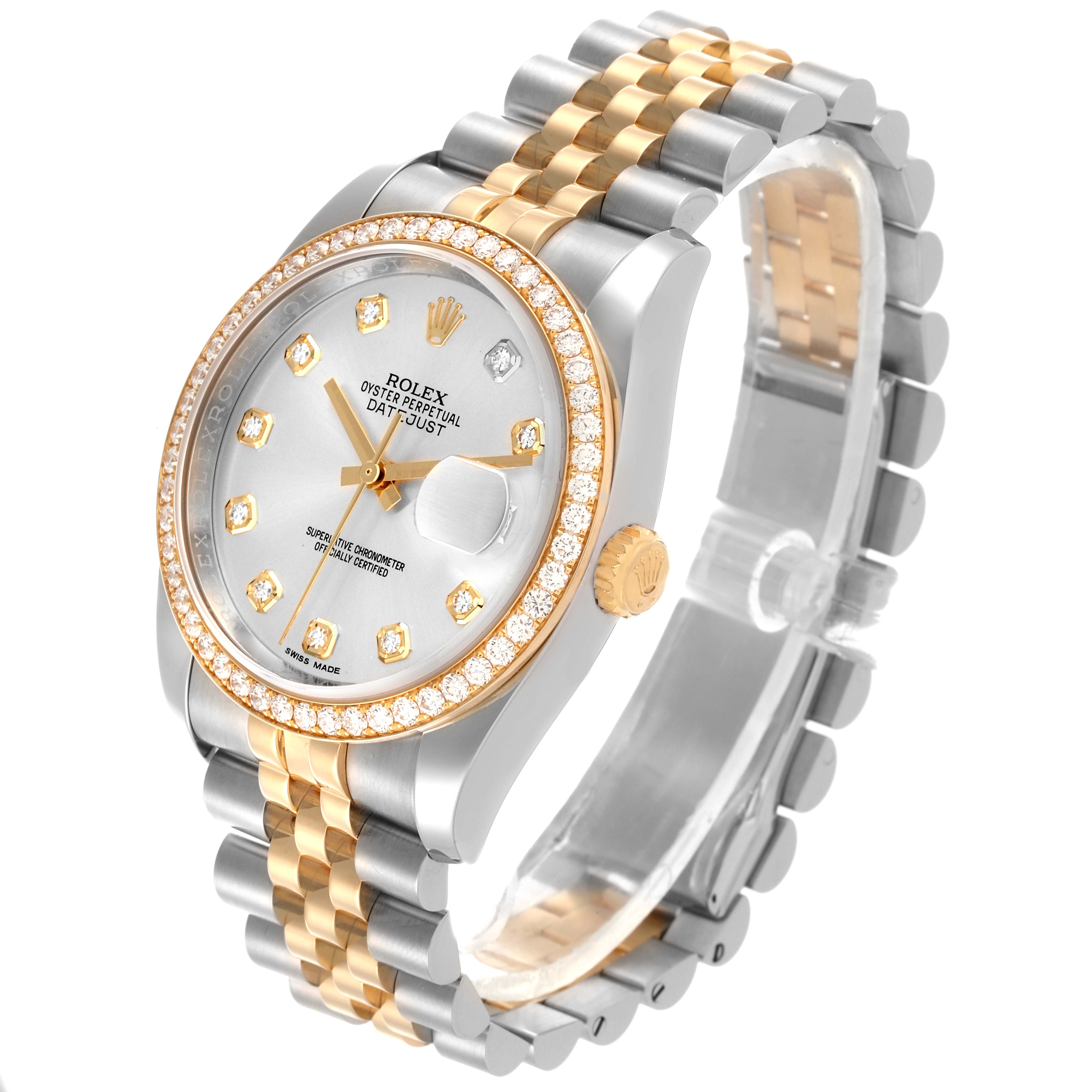 The Rolex Datejust 116243 Men
s Steel and Gold (two tone) Silver Dial 116243 Men
s Steel and Gold (two tone) Silver Dial watch is shown from a front-left angle, highlighting the dial, bezel, and Jubilee bracelet.