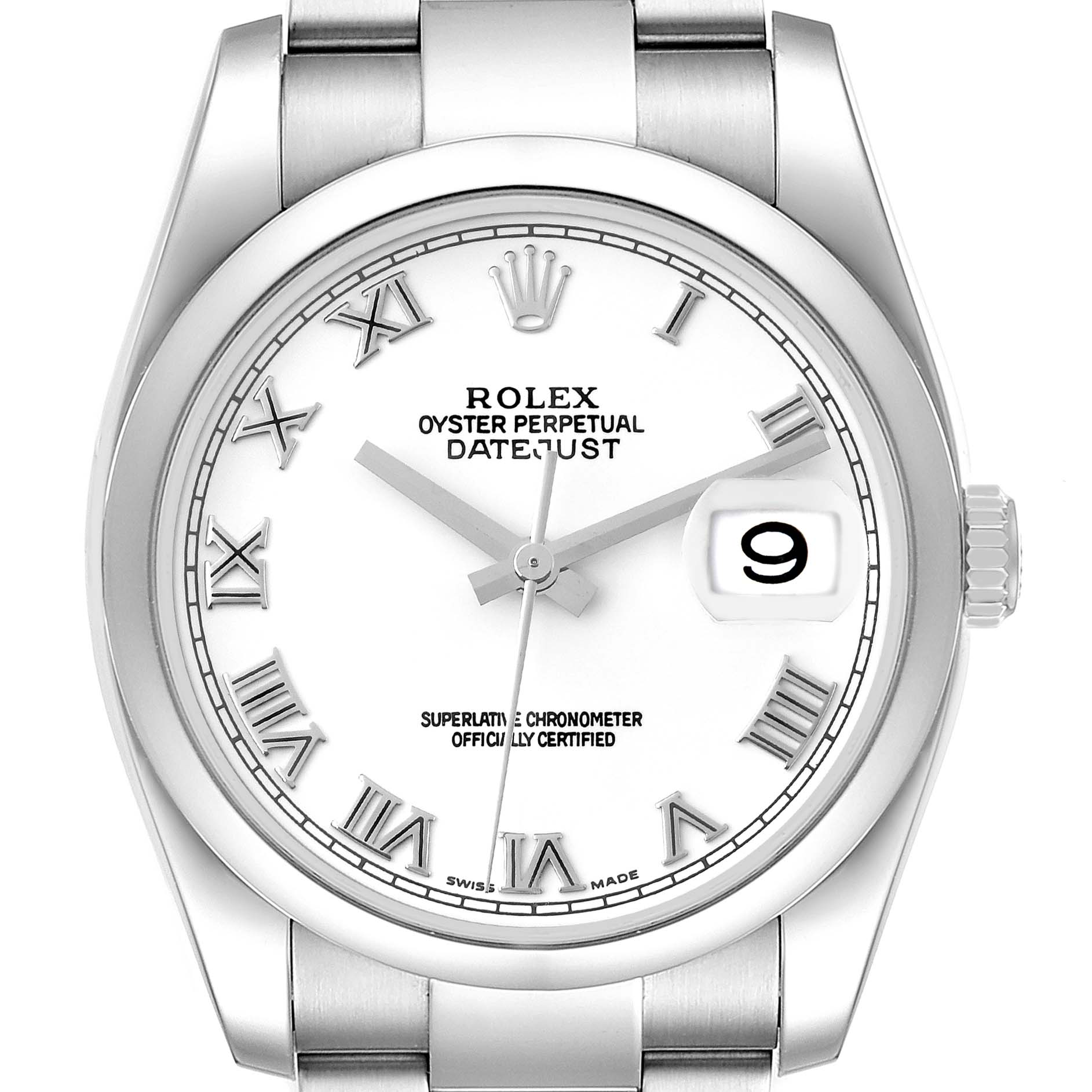 This image shows the face of the Rolex Datejust 116200 Men's Stainless Steel White Dial 116200 Men's Stainless Steel White Dial watch from a straight-on angle, including the dial, hands, date window, and part of the bracelet.