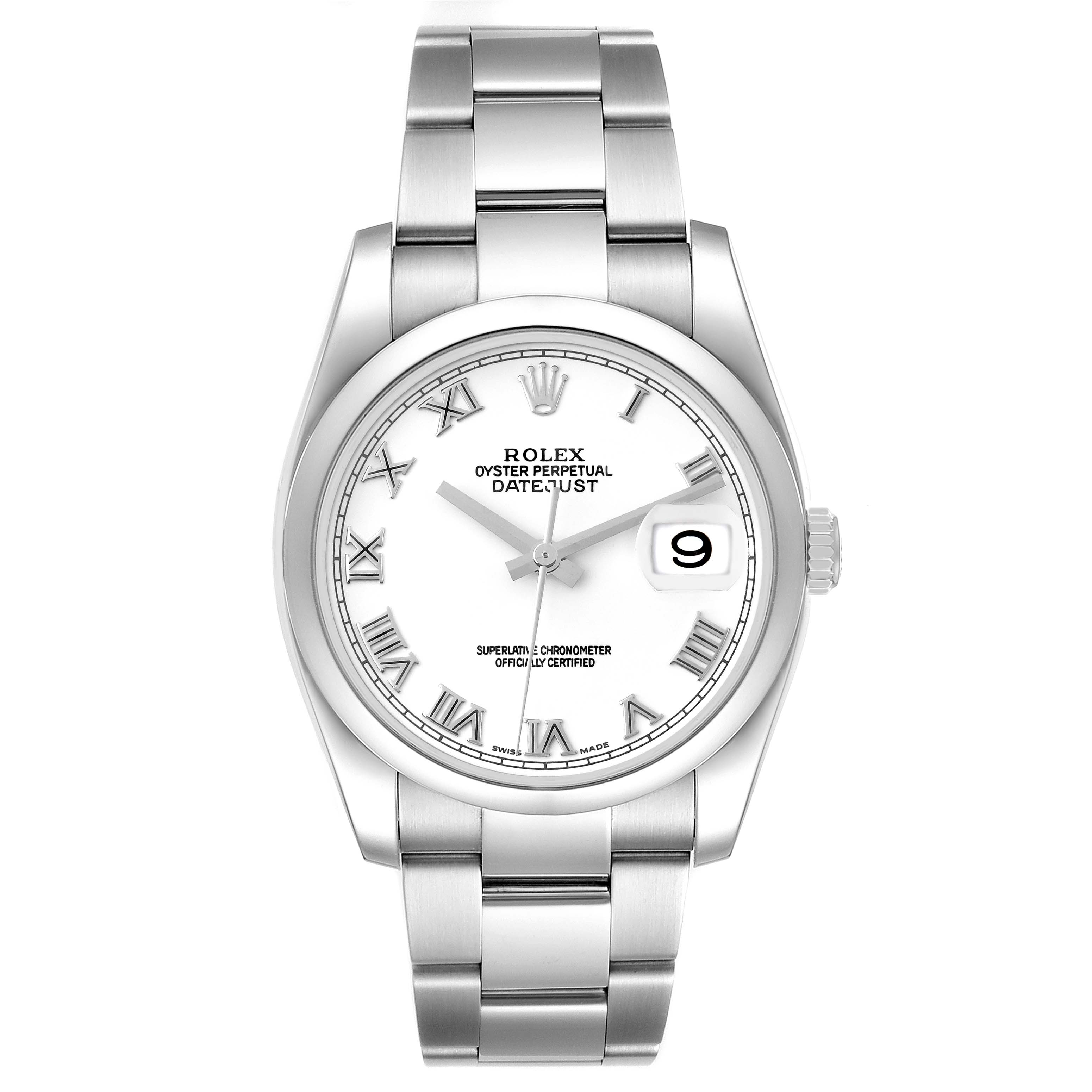 The image shows a front view of a Rolex Datejust 116200 Men's Stainless Steel White Dial 116200 Men's Stainless Steel White Dial watch displaying its face, bracelet, and date window.
