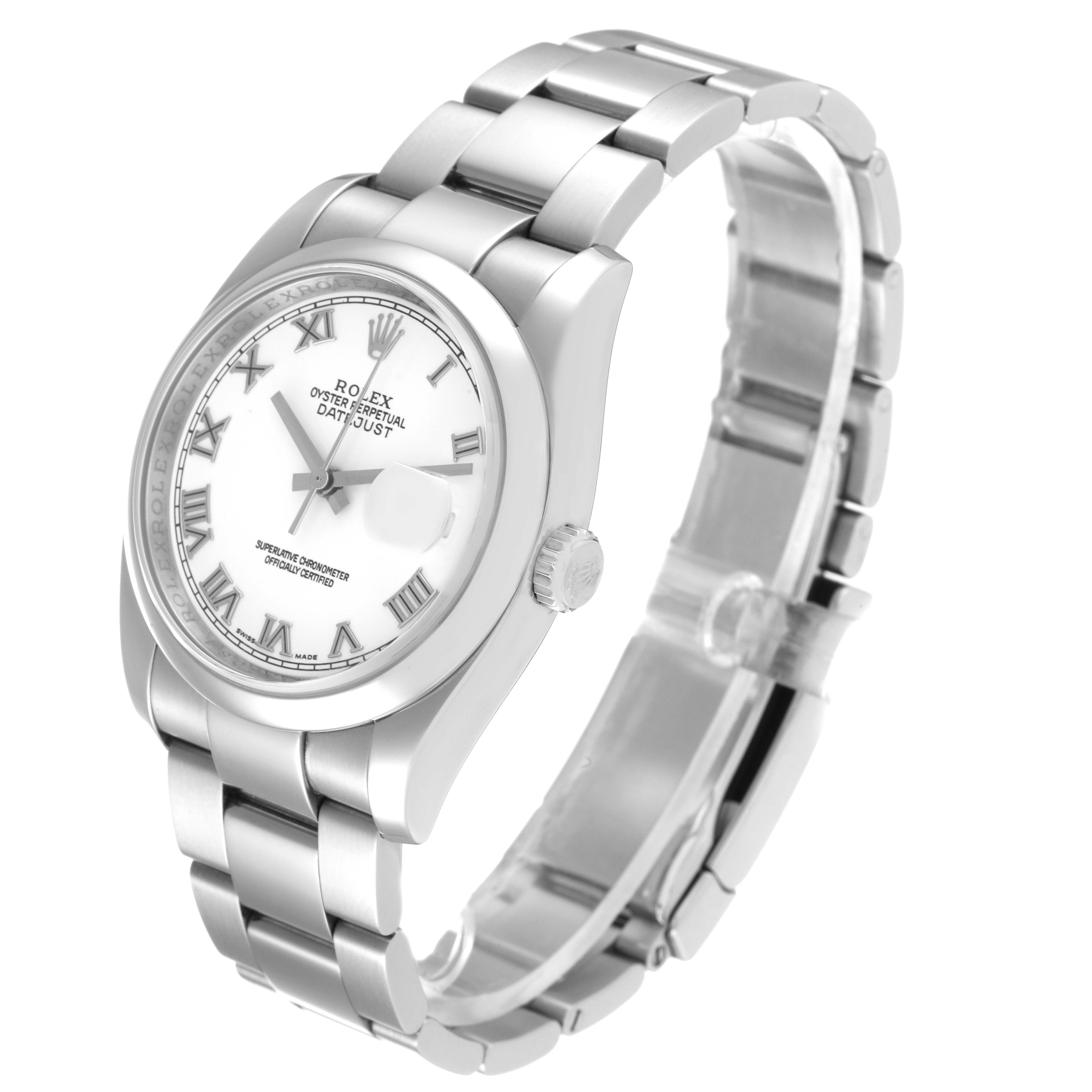 This image shows a Rolex Datejust 116200 Men's Stainless Steel White Dial 116200 Men's Stainless Steel White Dial watch at an angled view, highlighting the face, bezel, case, crown, and bracelet.