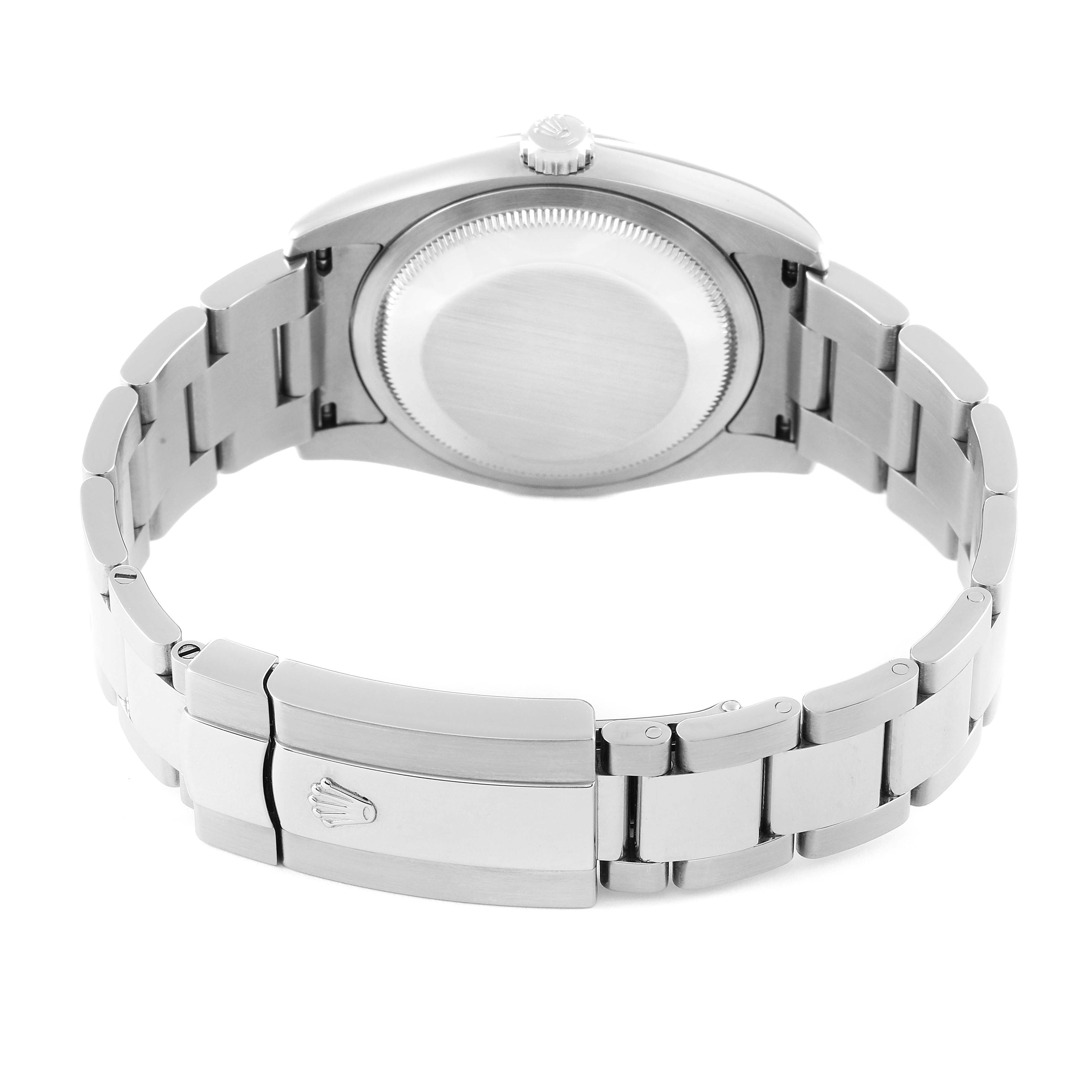 This image shows the back case and stainless steel bracelet of the Rolex Datejust 116200 Men's Stainless Steel White Dial 116200 Men's Stainless Steel White Dial watch.