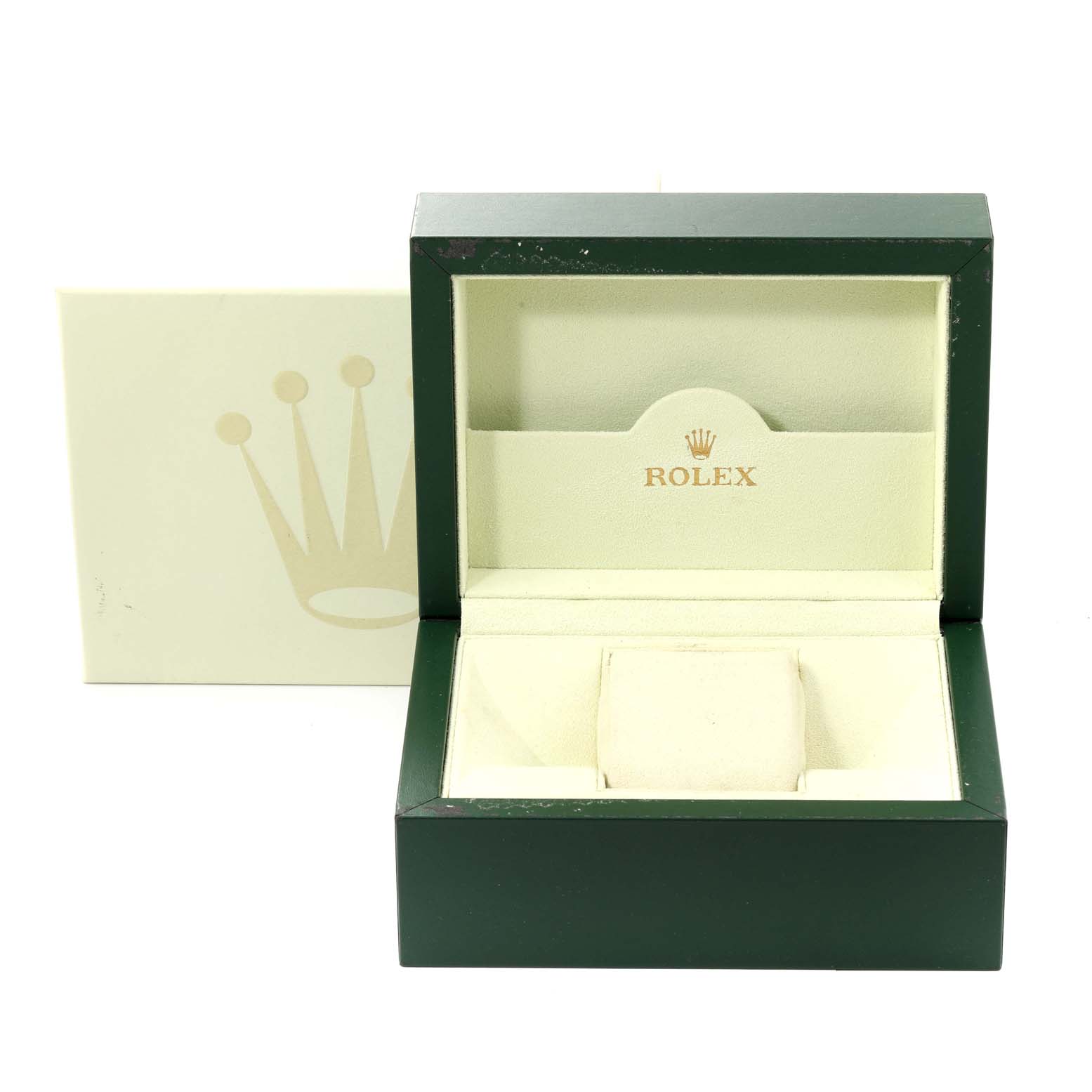 The image shows an open Rolex Datejust 116200 Men's Stainless Steel White Dial 116200 Men's Stainless Steel White Dial watch box with the brand's logo inside and a separate outer box behind it.