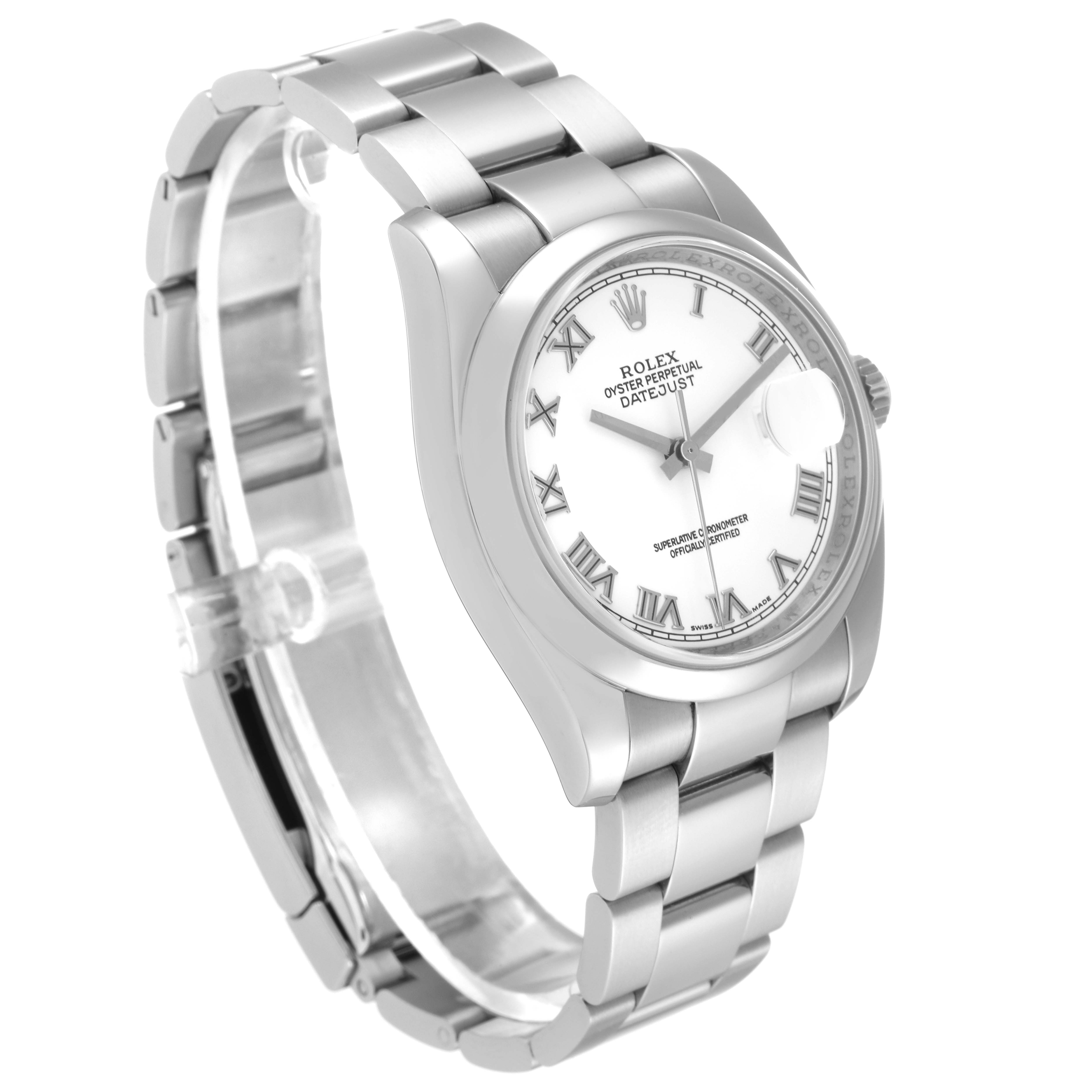 This Rolex Datejust 116200 Men's Stainless Steel White Dial 116200 Men's Stainless Steel White Dial watch is shown at an oblique angle, displaying the face, bezel, and bracelet.
