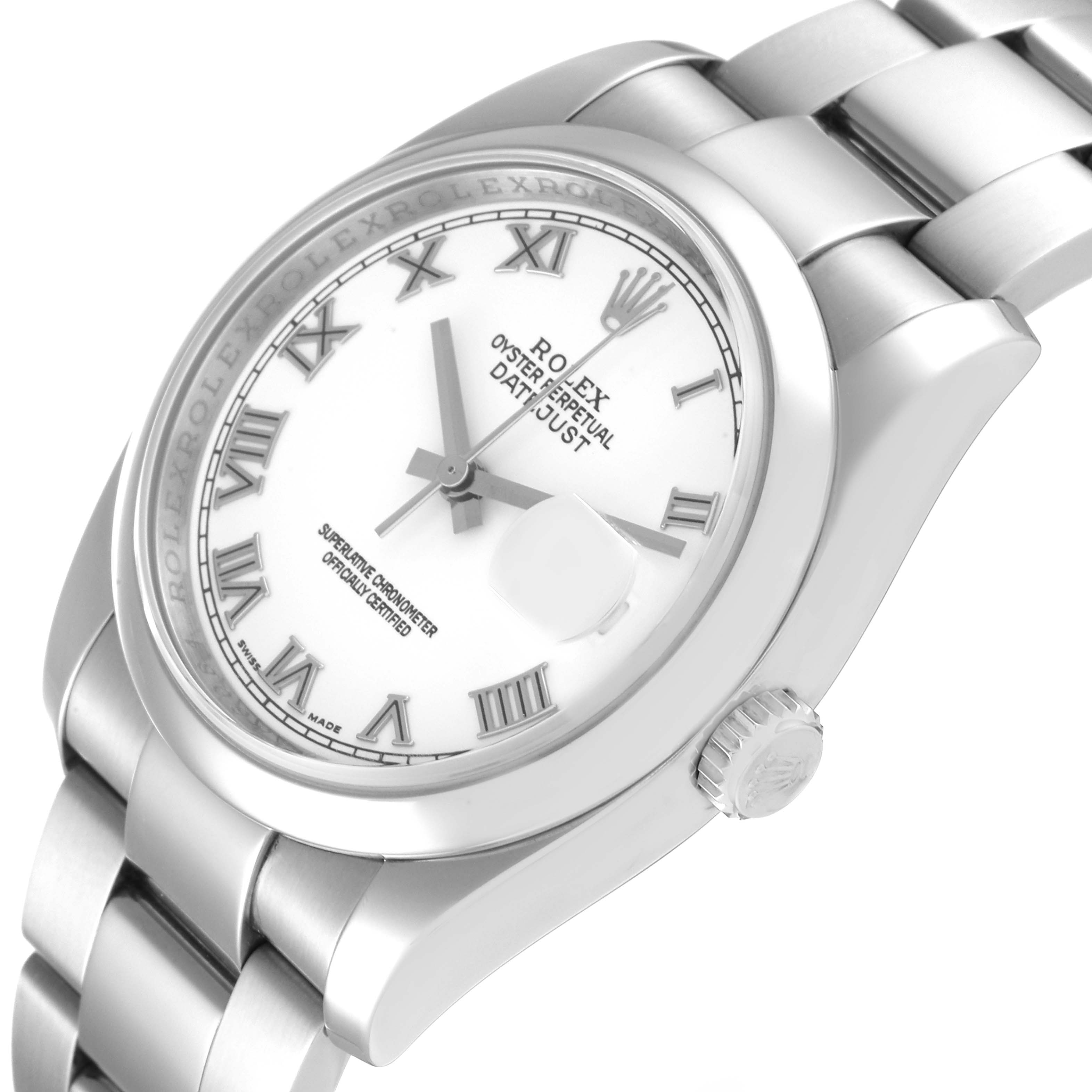 The image shows a close-up of a Rolex Datejust 116200 Men's Stainless Steel White Dial 116200 Men's Stainless Steel White Dial watch from an angled view, displaying the dial, bezel, crown, and part of the bracelet.