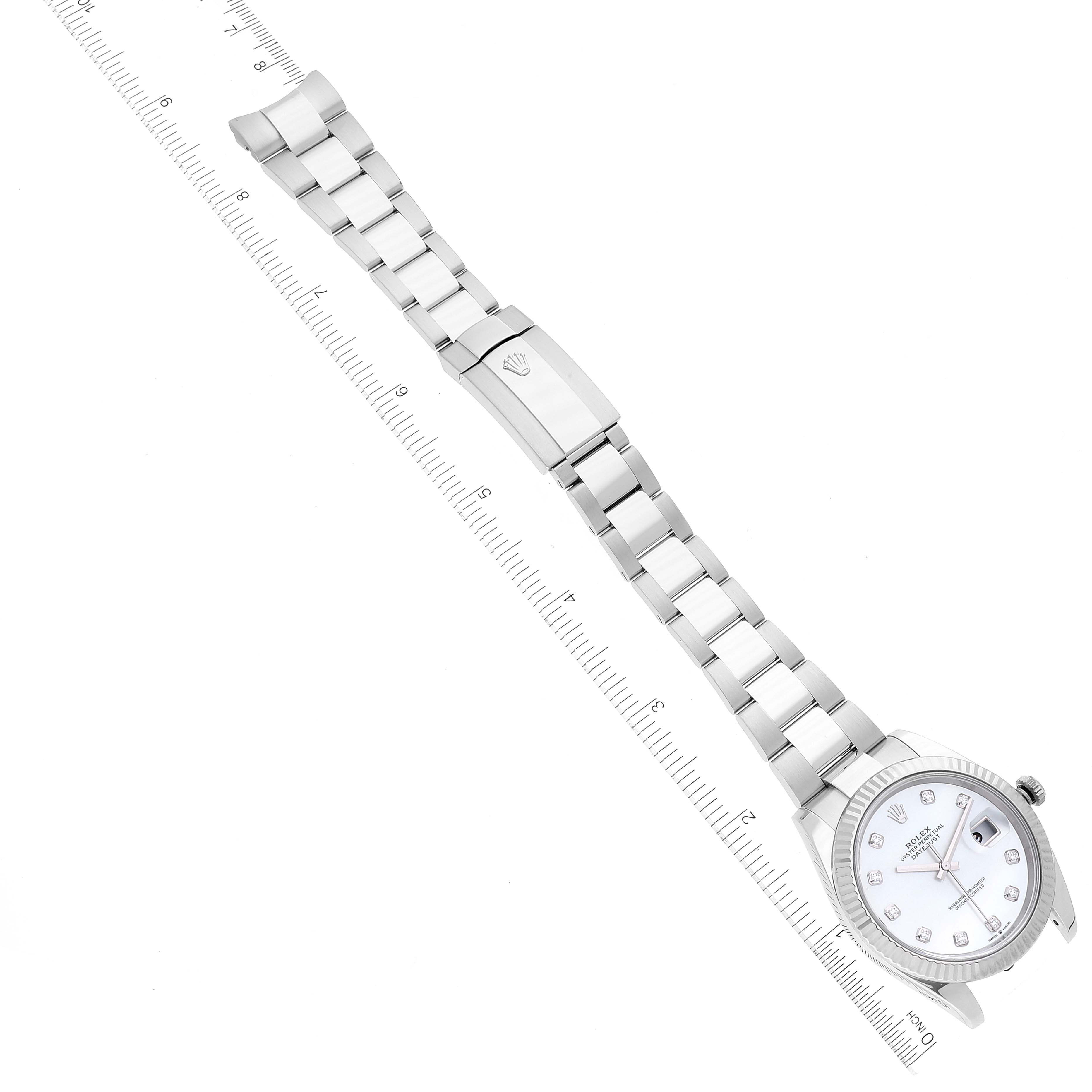 The image shows a Rolex Datejust 41 126334 Men's Stainless Steel Mother of Pearl Dial 126334 Men's Stainless Steel Mother of Pearl Dial watch laid flat, highlighting the full bracelet and clasp.