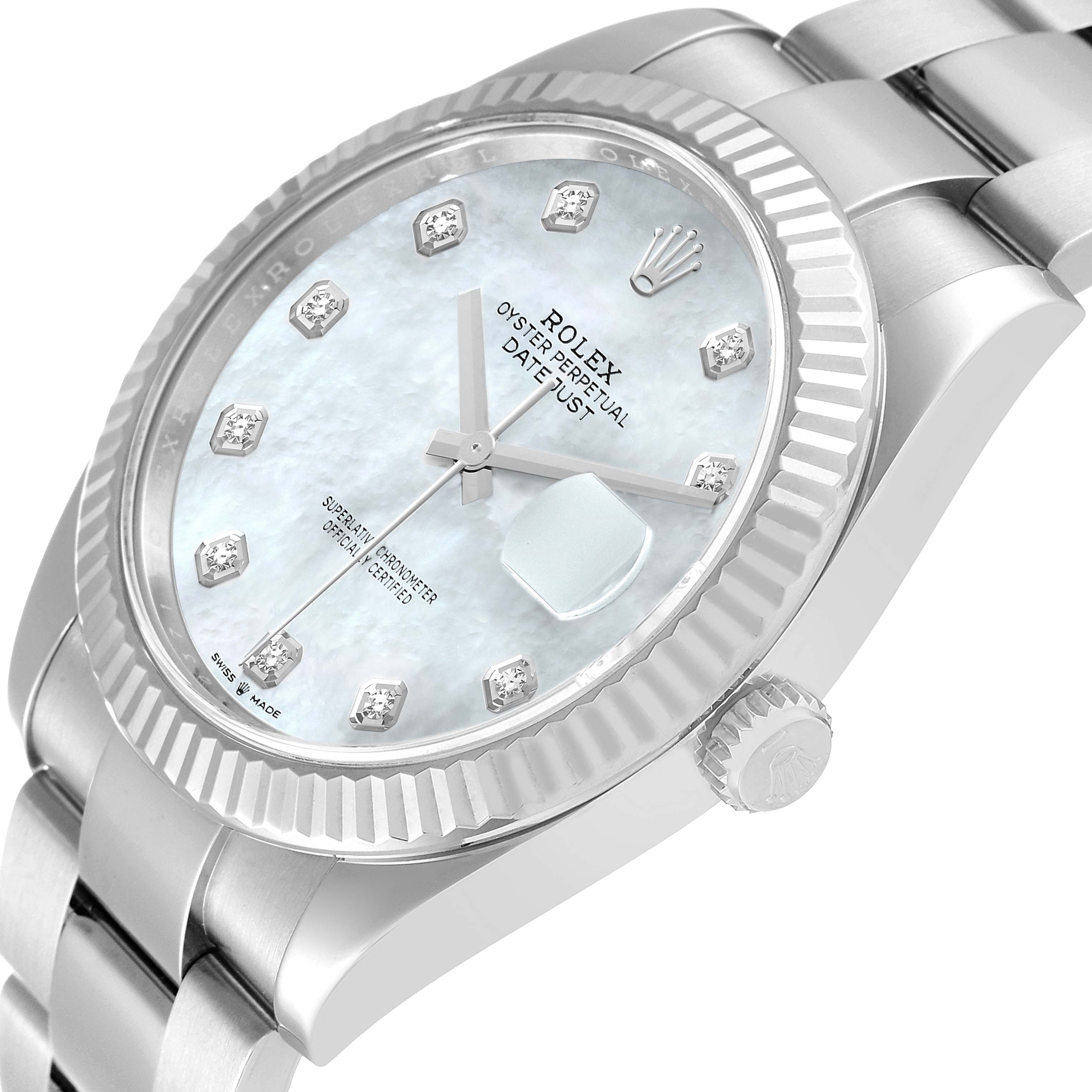 The image shows a side angle view of the Rolex Datejust 41 126334 Men's Stainless Steel Mother of Pearl Dial 126334 Men's Stainless Steel Mother of Pearl Dial watch, highlighting its face, bezel, and bracelet.